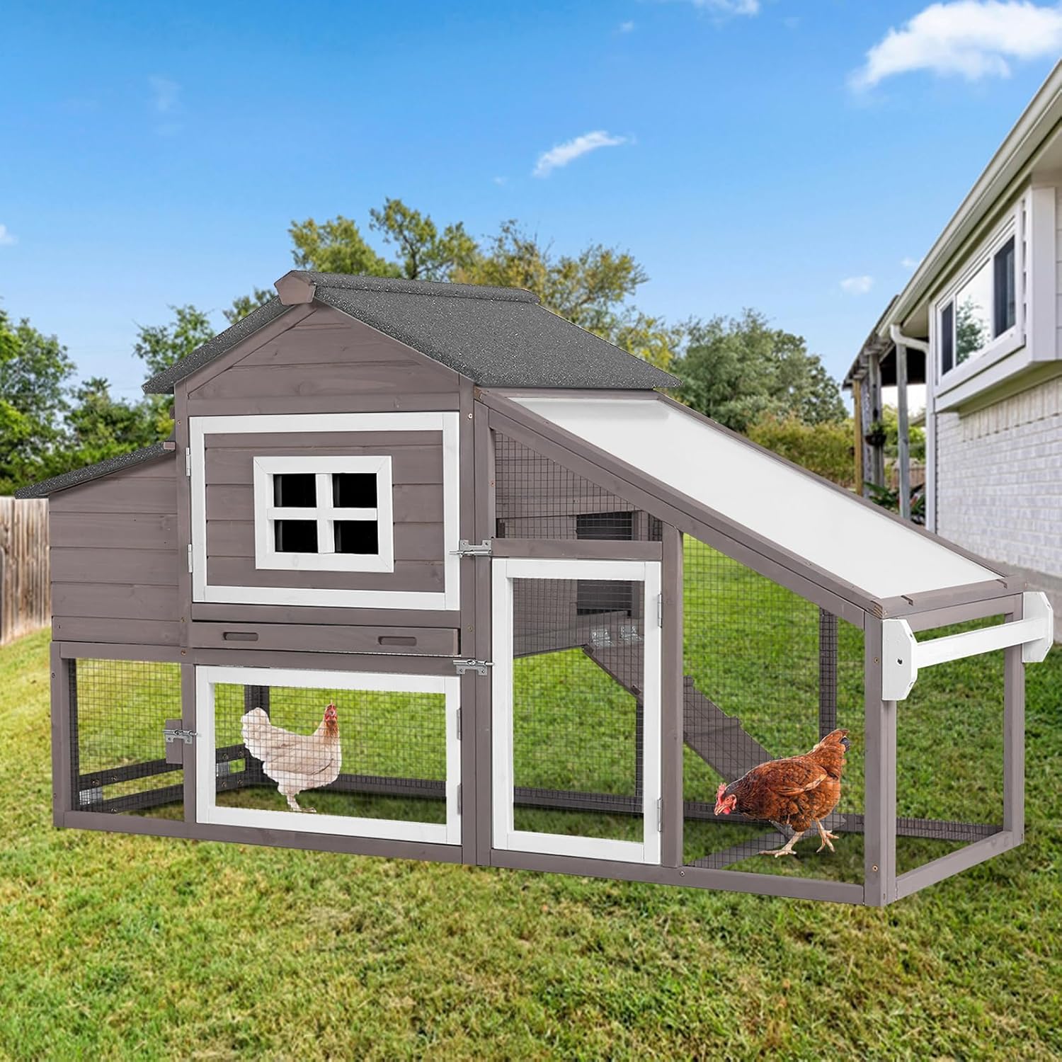 Chicken Coop with Wheels,Outdoor Hen House with Waterproof Asphalt Roof, Wooden Poultry Enclosure with Easy-Clean Slide-Out Tray,Poultry Cage with Nesting Boxes for Duck Rabbit Chicken(Brown)