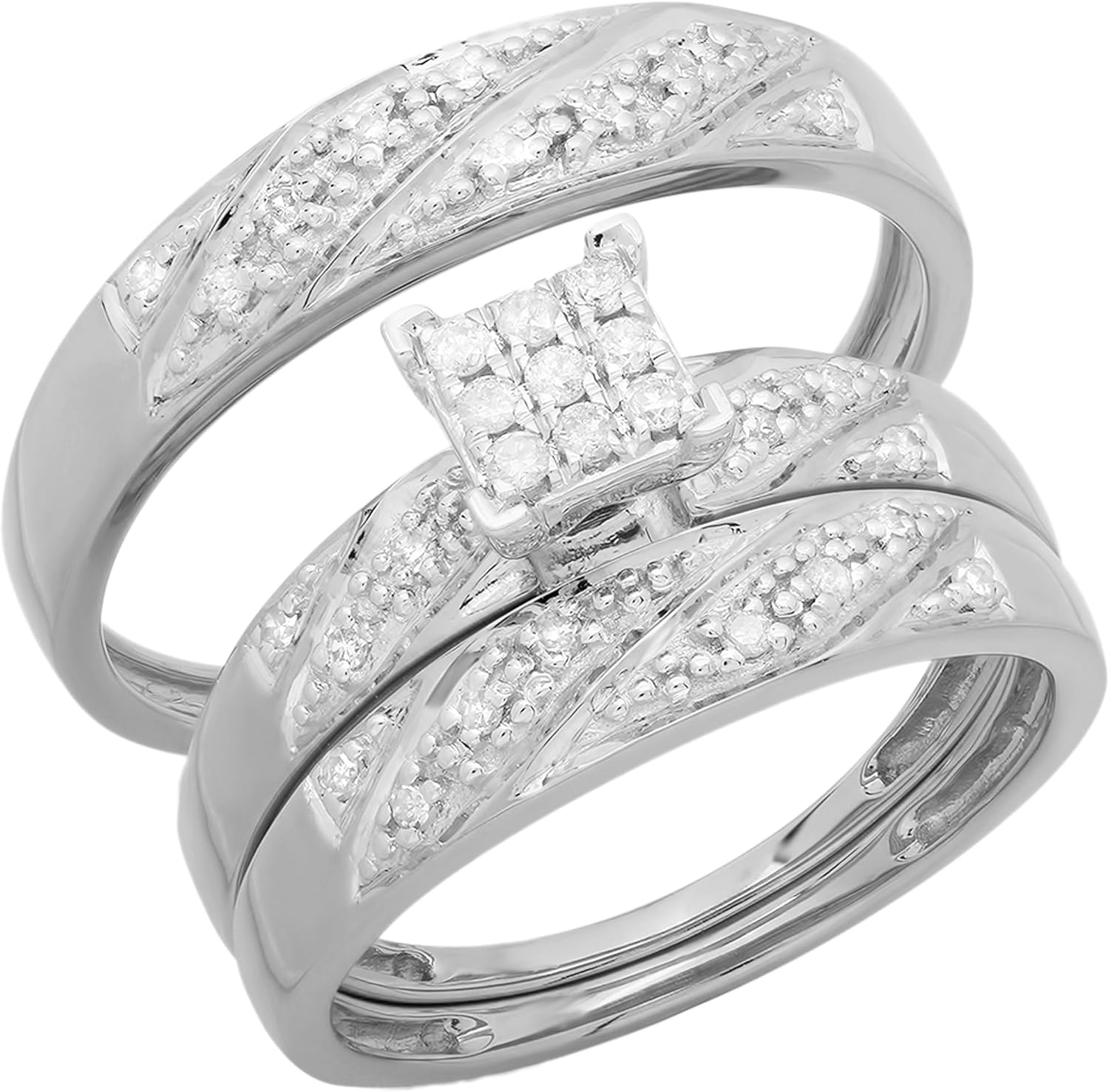 Dazzlingrock Collection Round White Diamond Cluster Style Matching Wedding Trio Ring Set for Him & Her (0.30 ctw, Color I-J, Clarity I2-I3) in 10K Gold