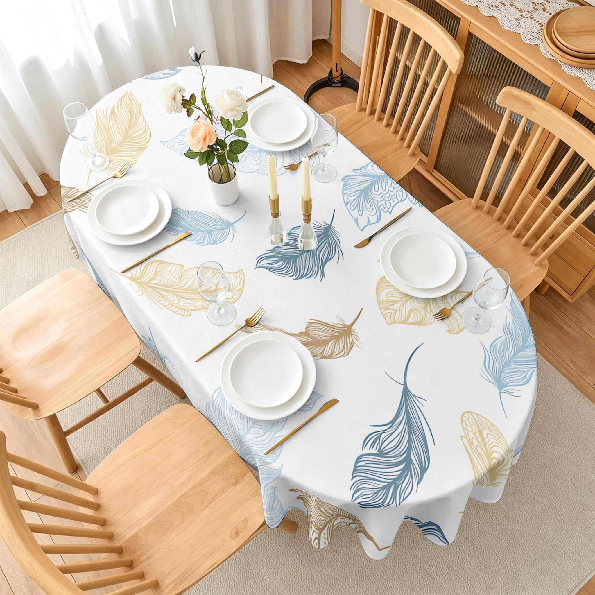 Boho Feder Ovale Tischdecke Abwaschbar 160x220 cm