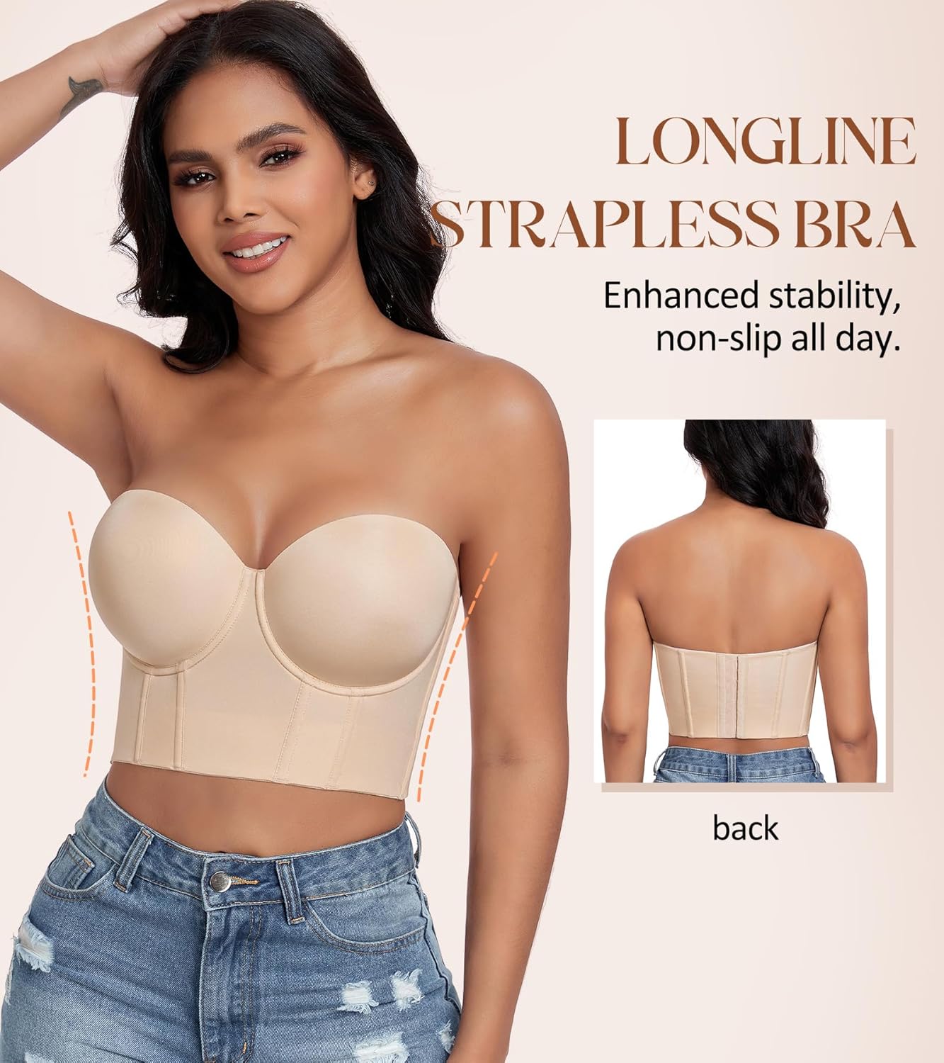 DotVol Women's Longline Strapless Full Figure Underwire Corset Bustier Bra - Image 4