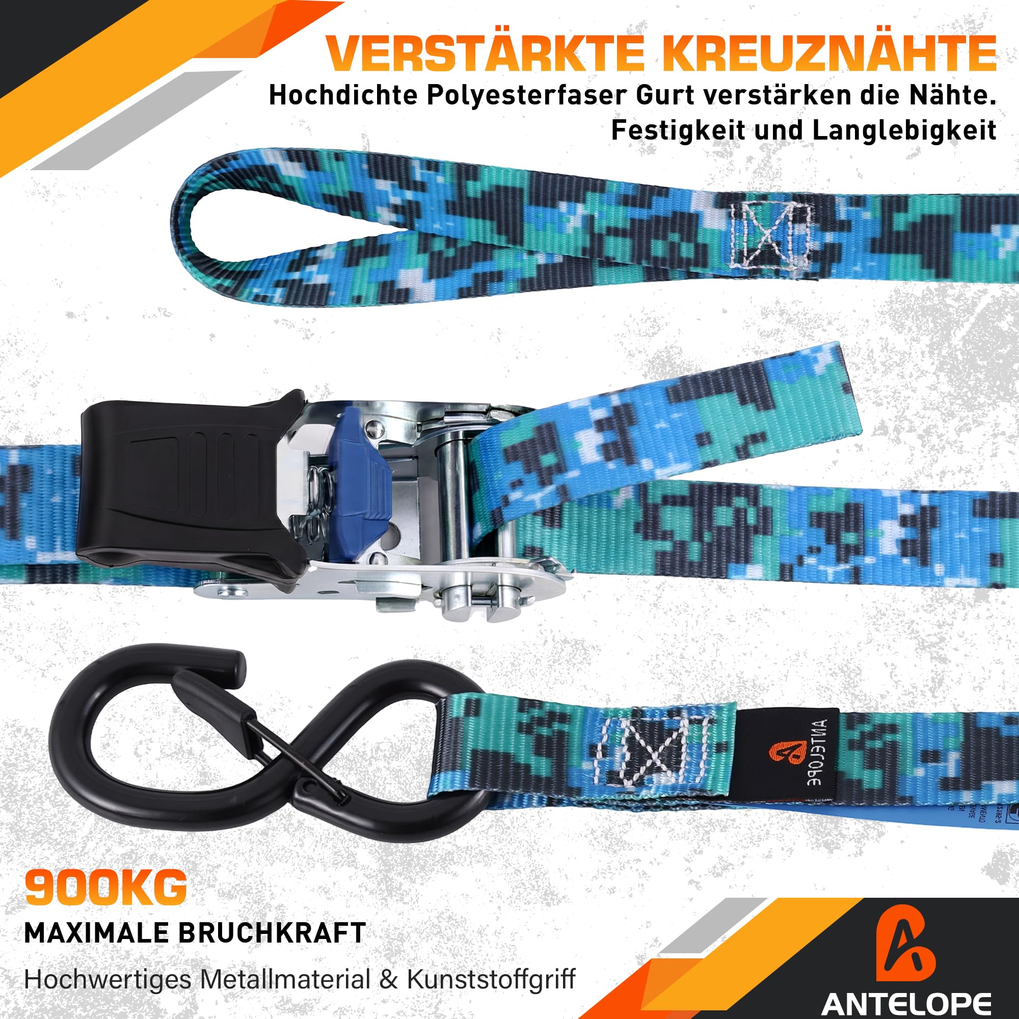 A ANTELOPE 4 Set Spanngurte mit Ratsche und Haken, Ratschengurt, EN 12195-2 | 25mm x 4m, TÜV/GS, Zurrgurte mit Ratschen Satz 900kg Bruchfestigkeit, Motorrad Spanngurte für Umzüge und Fracht, Tarnblau