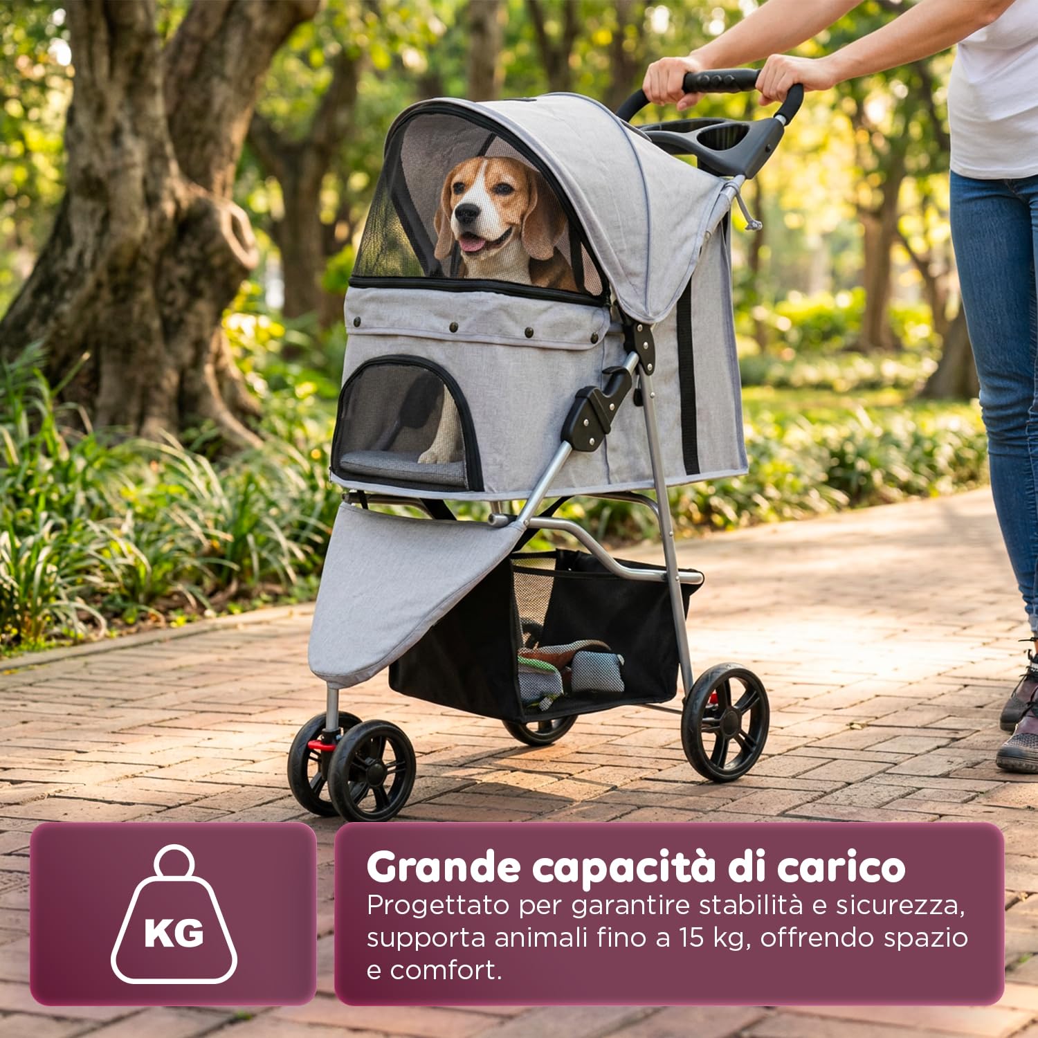 Avilia Passeggino Pieghevole per Cani 15 kg e Gatti con Cabina Panoramica Trasparente, Carrello Grigio in Acciaio e Tessuto Oxford, Portabicchieri e Cestello Portaoggetti, Ruote Scorrevoli