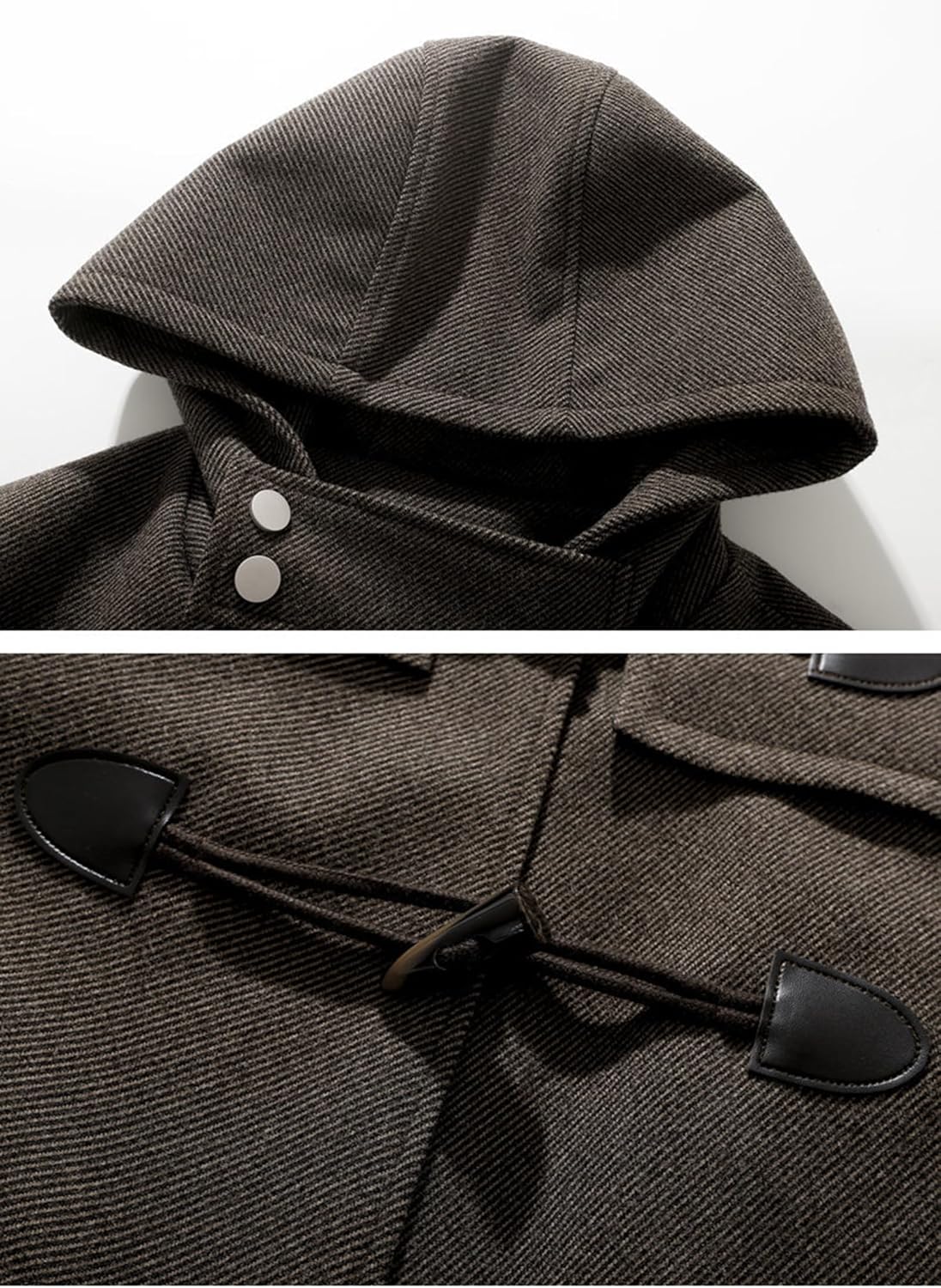 Men's Hooded Trench Coat Horn Button Long Pea Coat Jacket Casual Fall Winter Overcoat