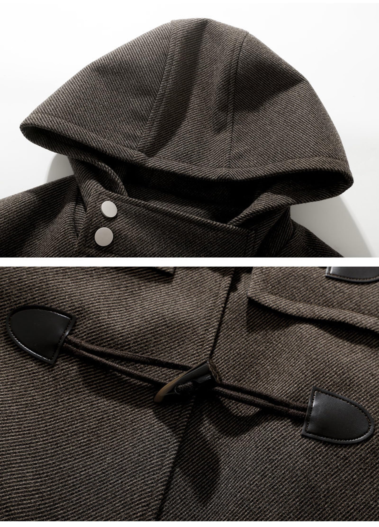 Męski płaszcz z kapturem, guziki rogowe, długa kurtka typu pea coat, casualowy płaszcz na jesień i zimę
