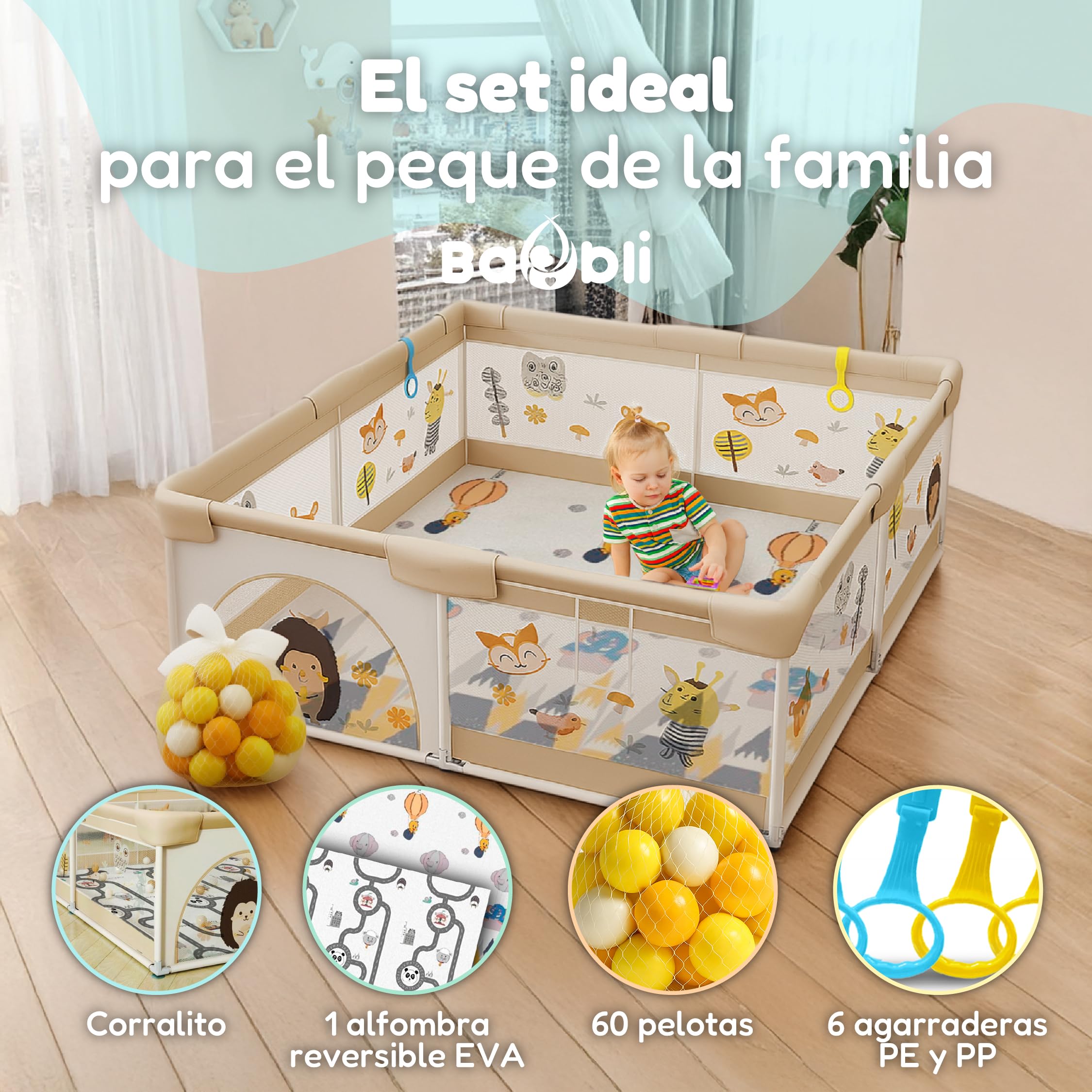 Parque Infantil Bebe + Alfombra Bebe + 60 Bolas + Agarraderas + Bolsas de Transporte – Corralito Bebe con Malla Transpirable – Parque de Juegos Bebe – Playpen Bebe (180x200 cm)
