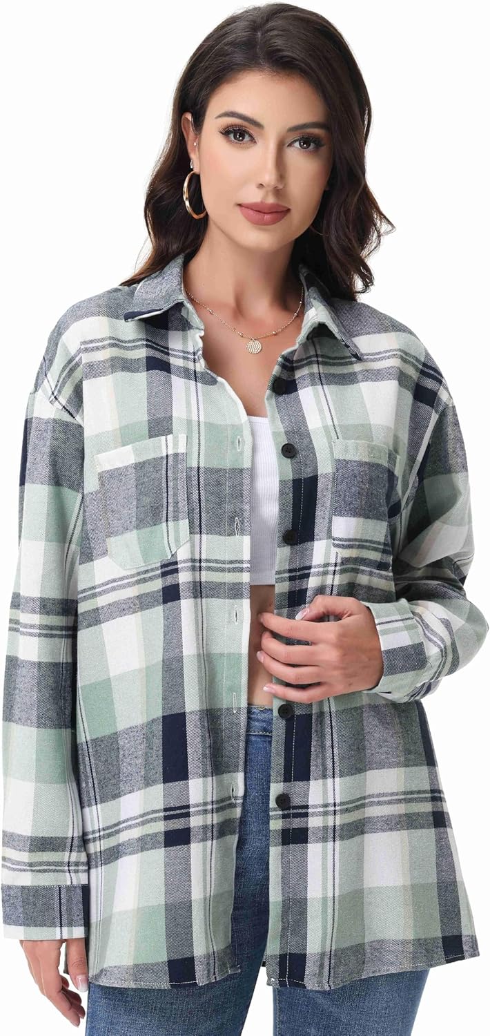 Womens Button Down Plaid Shirts Oversized Long Sleeve Collared Casual Blouse Top - Image 3