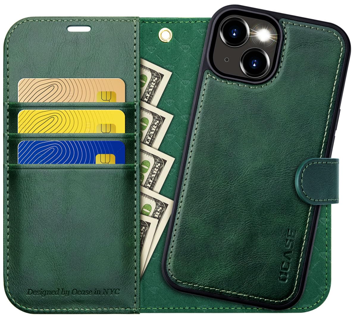 OCASE for iPhone 15 Detachable Wallet Case with Card Holder, [2 in 1] PU Leather Flip Folio Case with RFID Blocking Magnetic Stand Shockproof Phone Cover for iPhone 15 6.1 Inch, Blackish Green