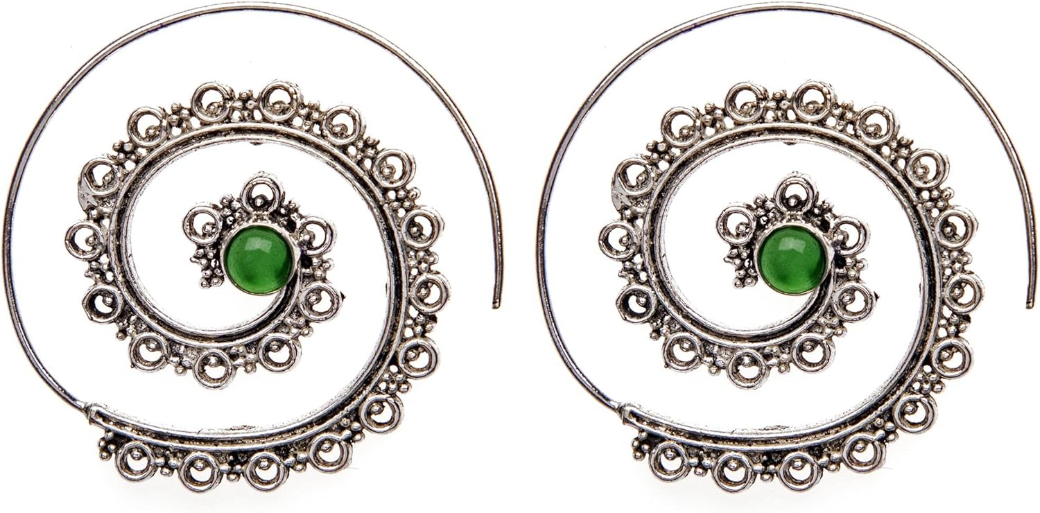 81stgeneration Silver Brass Gemstone Mandala Dot Work Spiral Threader Earrings