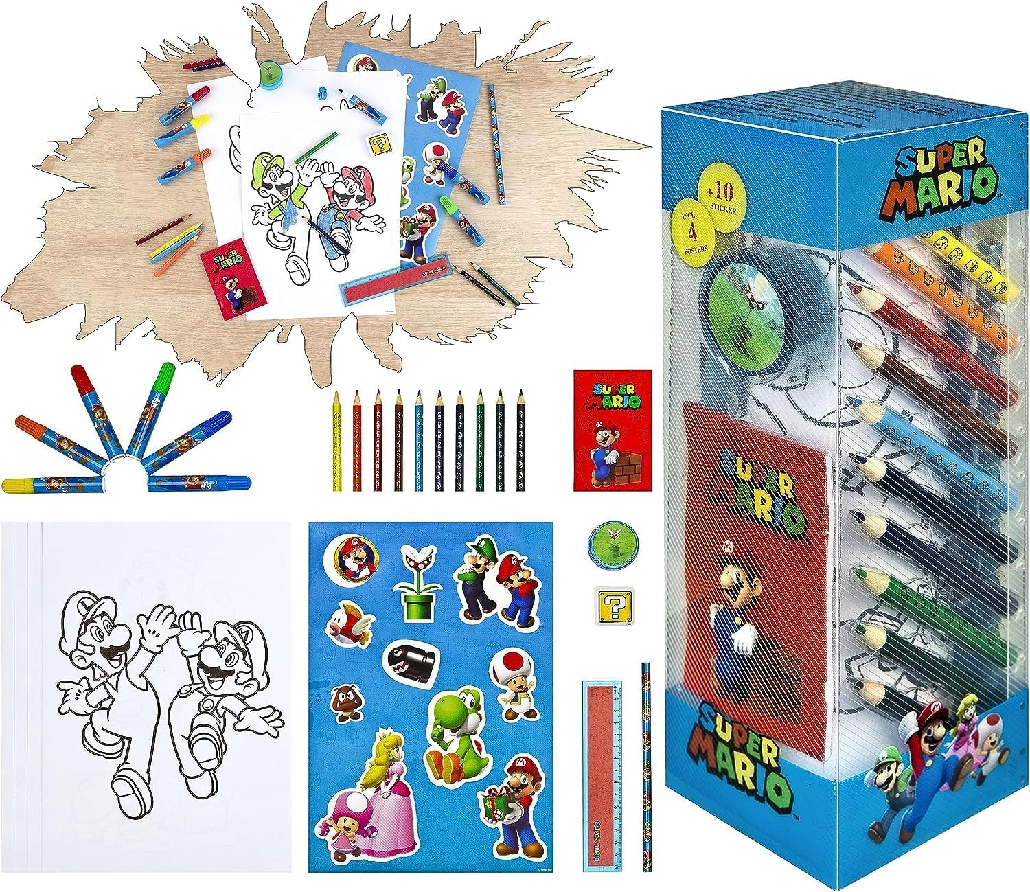 HOVUK 35 Pieces Kids Super Mario Art Set with Colouring Pencils, Felt Tip Pens, Notepad and Accessories, Ideal Collection for Drawing, Sketching, Crafts, Christmas Gifts for Boys 3+Years