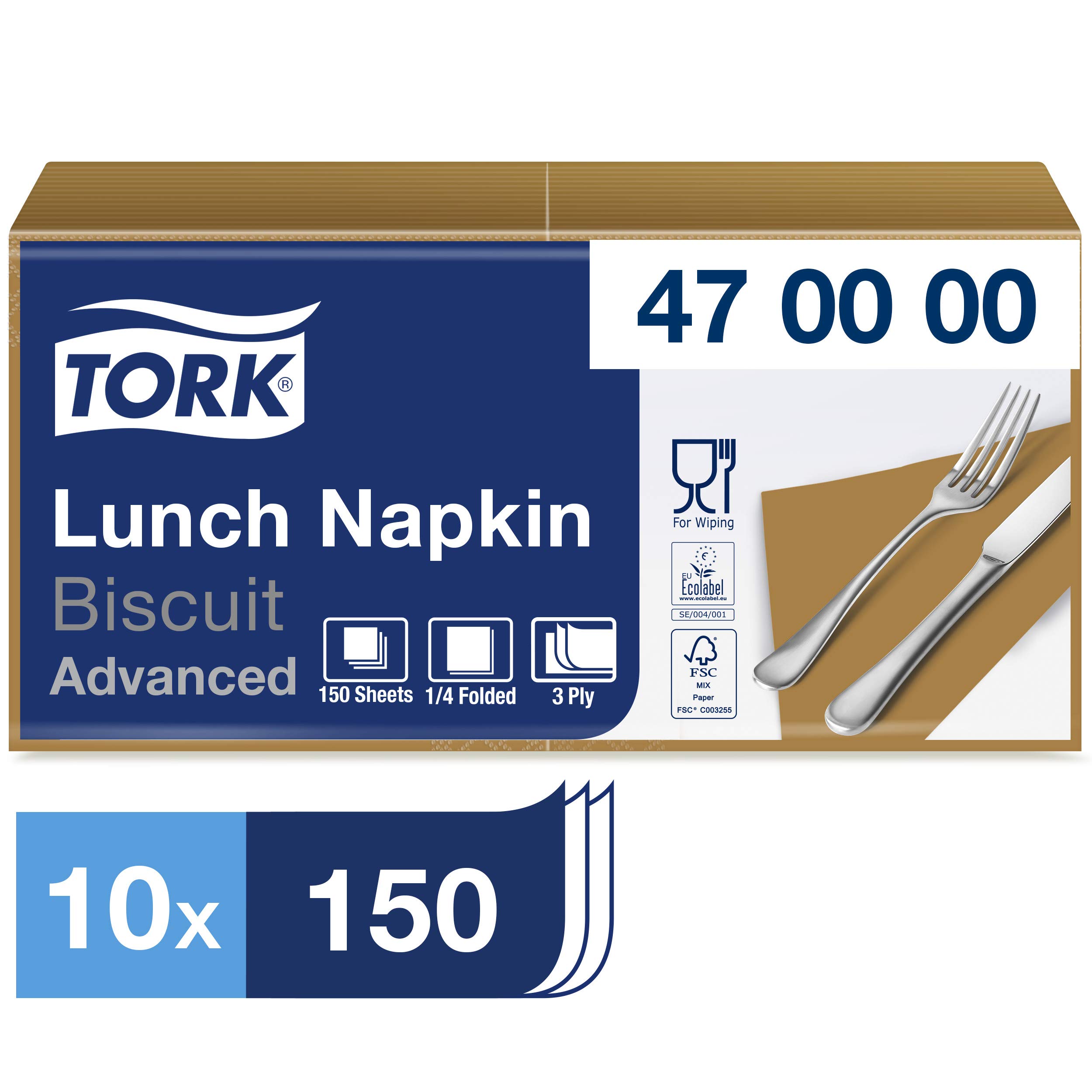 Tork 470000 Tovagliolo Lunch Soft nocciola Advanced, 3 veli, piegato in 4, 10 pacchi x 150 tovaglioli (1500 pz), 33 cm (lungh.) x 32,6 cm (largh.)