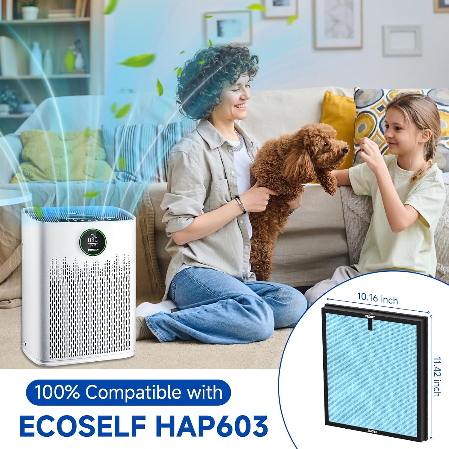 An ECOSELF air purifier next to a HAP603 filter, illustrating the filter's dimensions and compatibility.