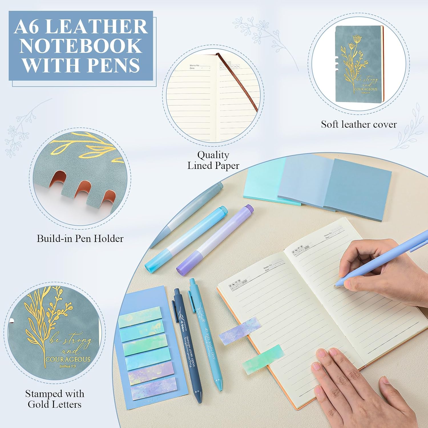 Reallnaive 14 Pcs Christian Gifts for Women Church Bible Journaling Study Kit 16oz Glass Cup Canvas Bag A6 Leather Notebook Highlighter Pen Sticky Note Sticker Fathers Day Sunday Shool Gift(Blue)
