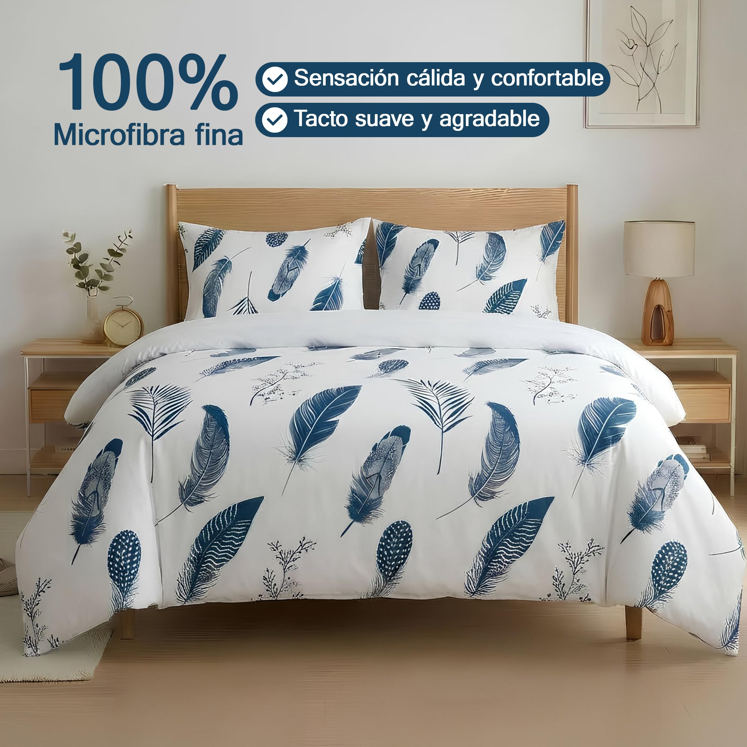 Etrexonline Juego de Funda Nórdica 4 Piezas Cama 150 Microfibra Suave Transpirable - 1 Funda Edredón 220x240 cm, 1 Bajera 150x200+30 cm y 2 Fundas de Almohada 50x75 cm (Pluma Azul) — view 3