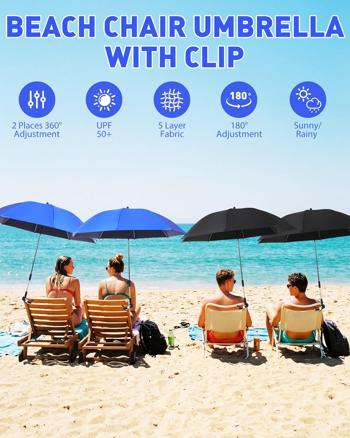 4 Pcs Beach Umbrellas with Clamp Bulk 360 ° Adjustable UPF50+ Umbrellas for Beach Chair, Stroller, Fishing, Camping, Patio, Wheelchair, Golf Carts (Chair Not Included)