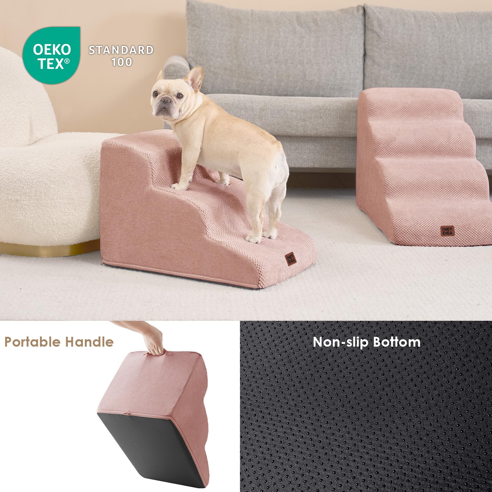 EHEYCIGA Scaletta per Cani 3 Gradini Altezza 40 cm, Scala Cane Piccoli e Gatti in Spugna per Salire su Letto e Divano, Antiscivolo Rampa per Cani con Rivestimento Rimovibile e Lavabile, Grigo Rosa