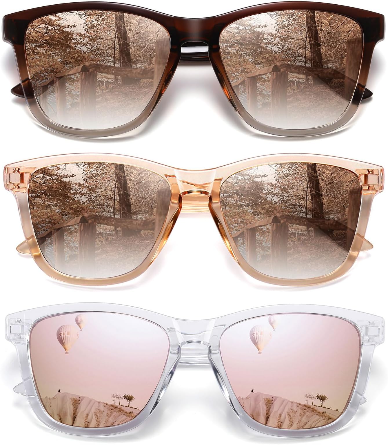 MEETSUN Polarized Sunglasses for Women Men Classic Retro Fashion UV400 Protection 3 Pack Gradient Brown+Light Brown+Pink Mirror,Medium, 3 Pack Gradient Brown + Light Brown + Pink Mirror, Medium