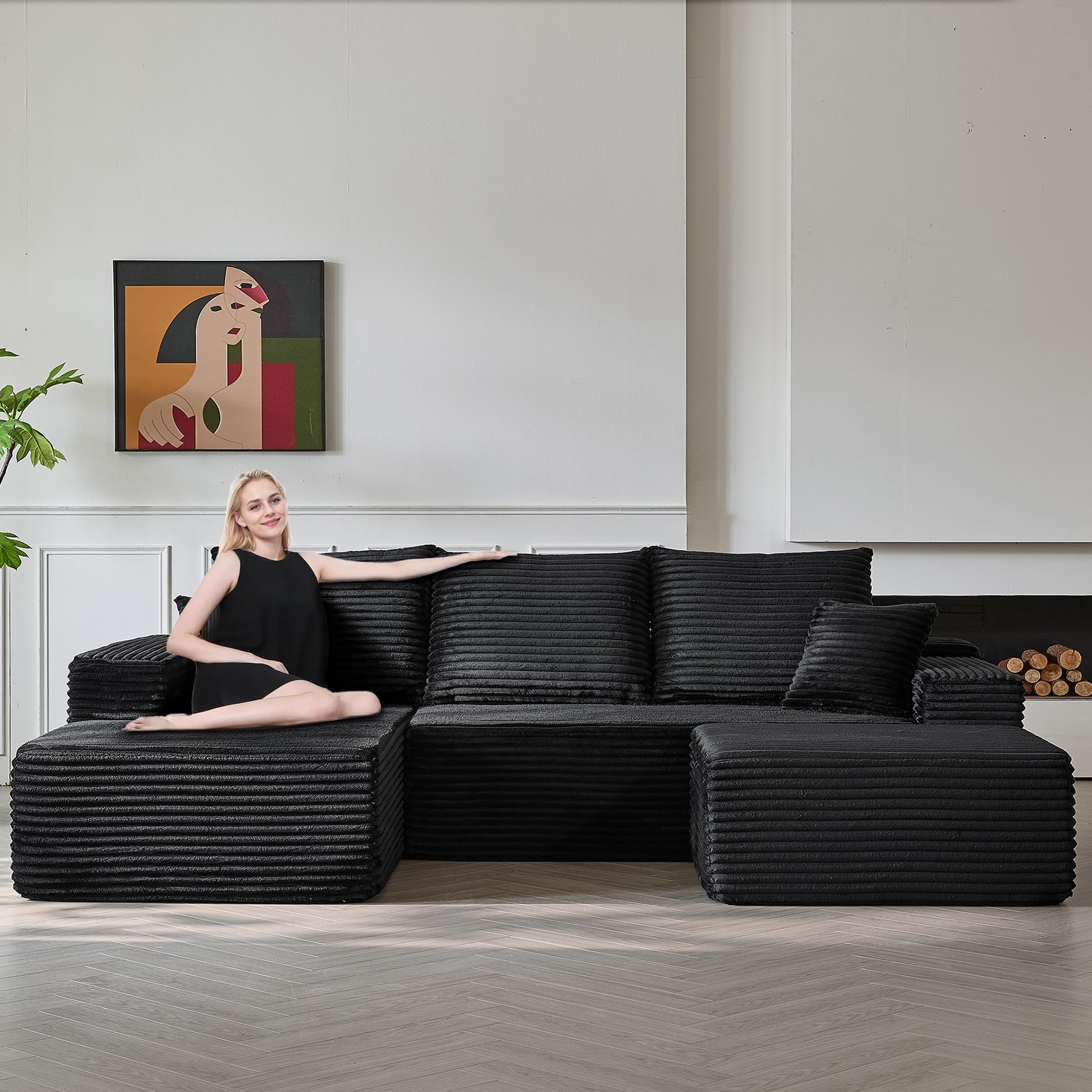 BEQAI Modular Sectional Sofa Cloud Couch, 109'' Comfy U Shaped Sectional Couches for Living Room, Deep Seat Cozy Fluffy Corduroy Boneless Couch