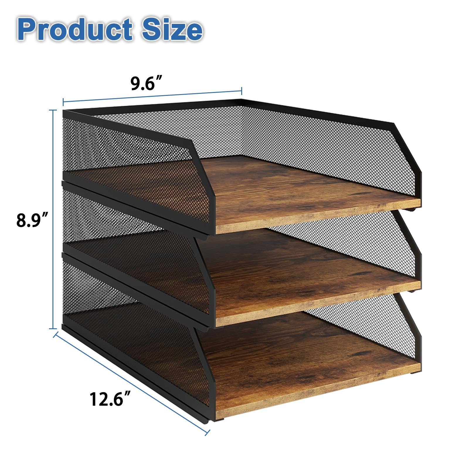 Natwind 3-Tier Stackable Paper Tray, Metal Mesh Desktop Organizer, Wood Board Paper Sorter, Letter Trays,File Document Storage Rack for for Home, Office, School (Retro)