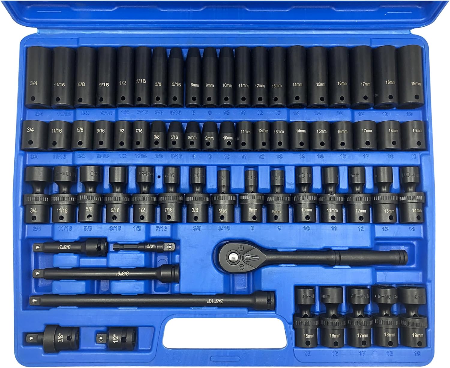 MacWork 67 Pieces 3/8“ Drive Impact Socket Set, SAE and Metric Sockets, CR-V & CR-Mo, Complete Socket Set with Shallow, Deep & Swivel Sockets, Includes Ratchet, Extension Bars & Adapters