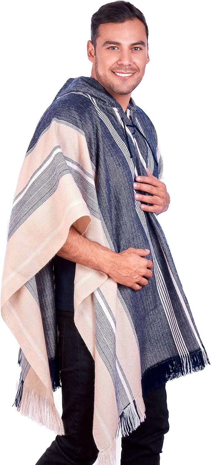 Hodded Beige and Blue Alpaca Poncho for Men “Suyana” - Traditional Peruvian Blanklet Poncho