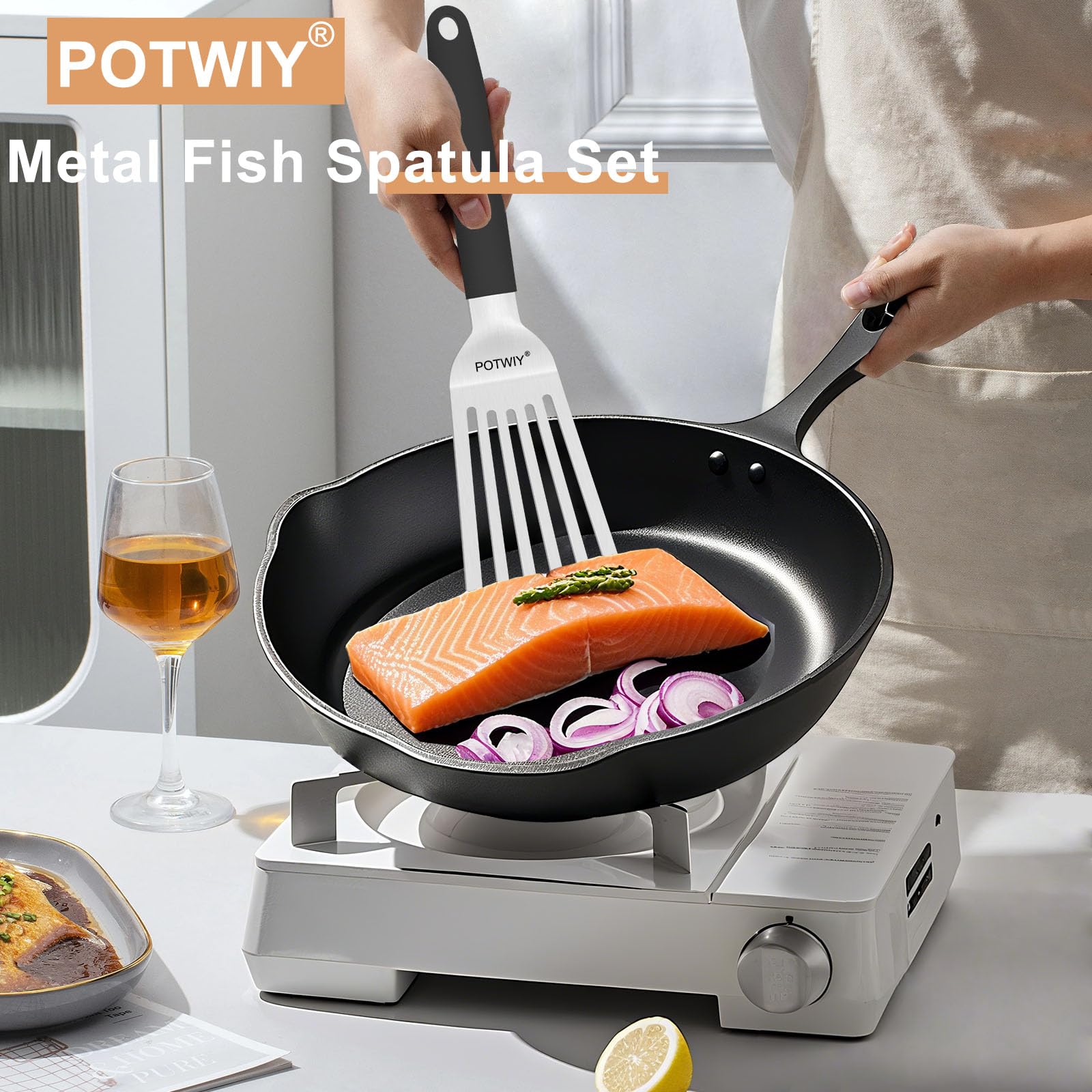 Pfannenwender-Set, Edelstahl, 33,8 cm groß und 28,7 cm, kleiner Schlitz-Fischwender mit Silikongriff, Metallspatel für Küche, Grillen, Kochutensilien, Flipper für Fisch, Ei, Pfannkuchen (2