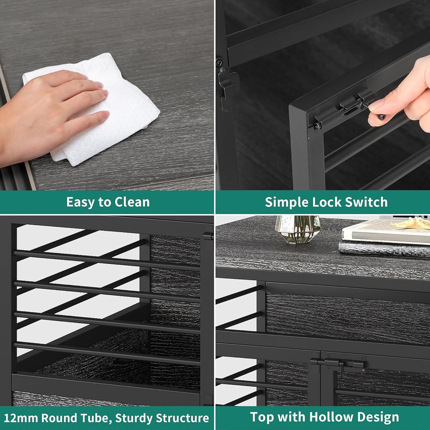 A hand wiping the surface of the dog crate with a white cloth, illustrating the 'Easy to Clean' feature. Other images show the simple lock switch, sturdy 12mm round tube structure, and the top with a hollow design.