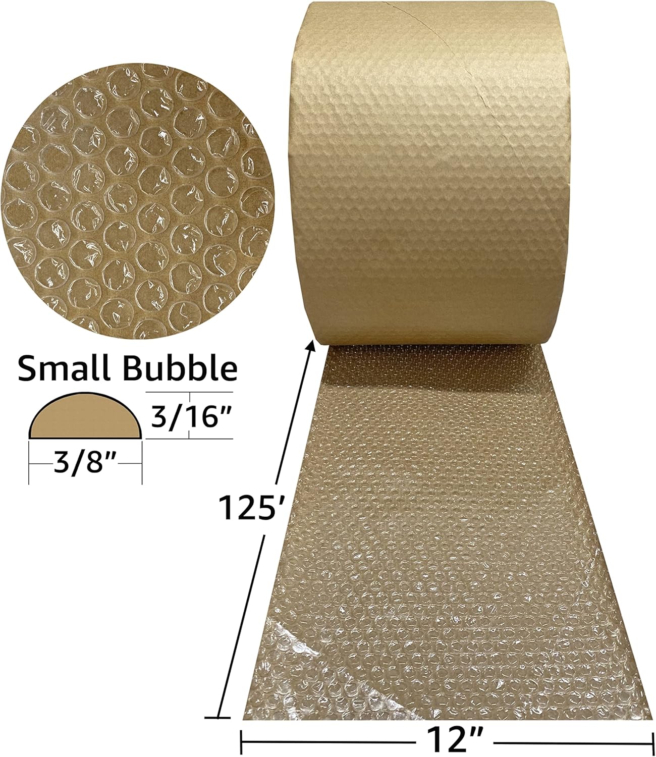 Kraft Backed Bubble Cushioning, 12" x 125' Small 3/16", Kraft-Backed Bubble Wrap, Protective Packaging Supply For Moving, Storage & Shipping, Bubble Paper Wrap Roll For Fragile & Products
