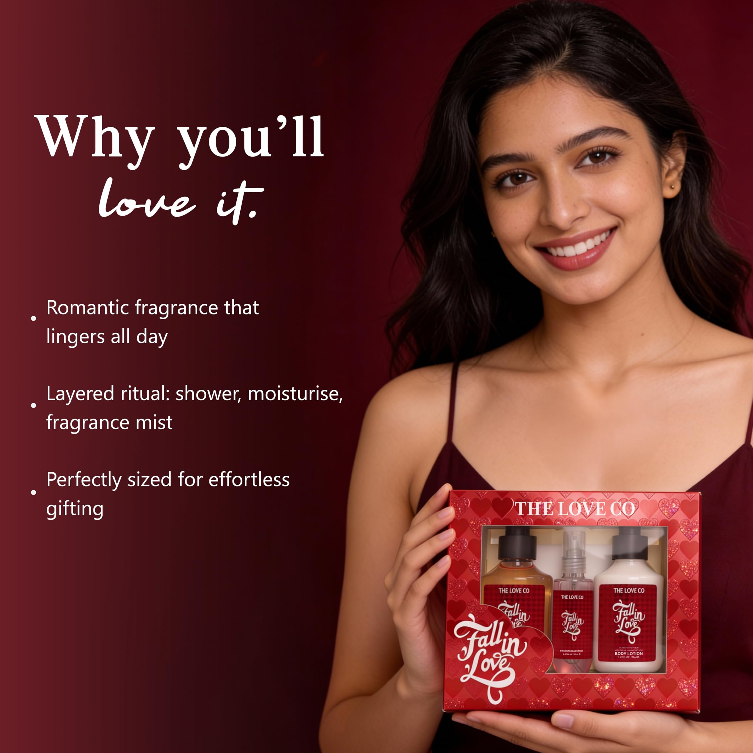 THE LOVE CO. Fall in Love Gift Set for Women | Body Wash, Body Lotion & Body Mist | Bath & Body Care Pampering Hamper Pack of 3 | Birthday, Anniversary Gifts | Self Care Kit 4