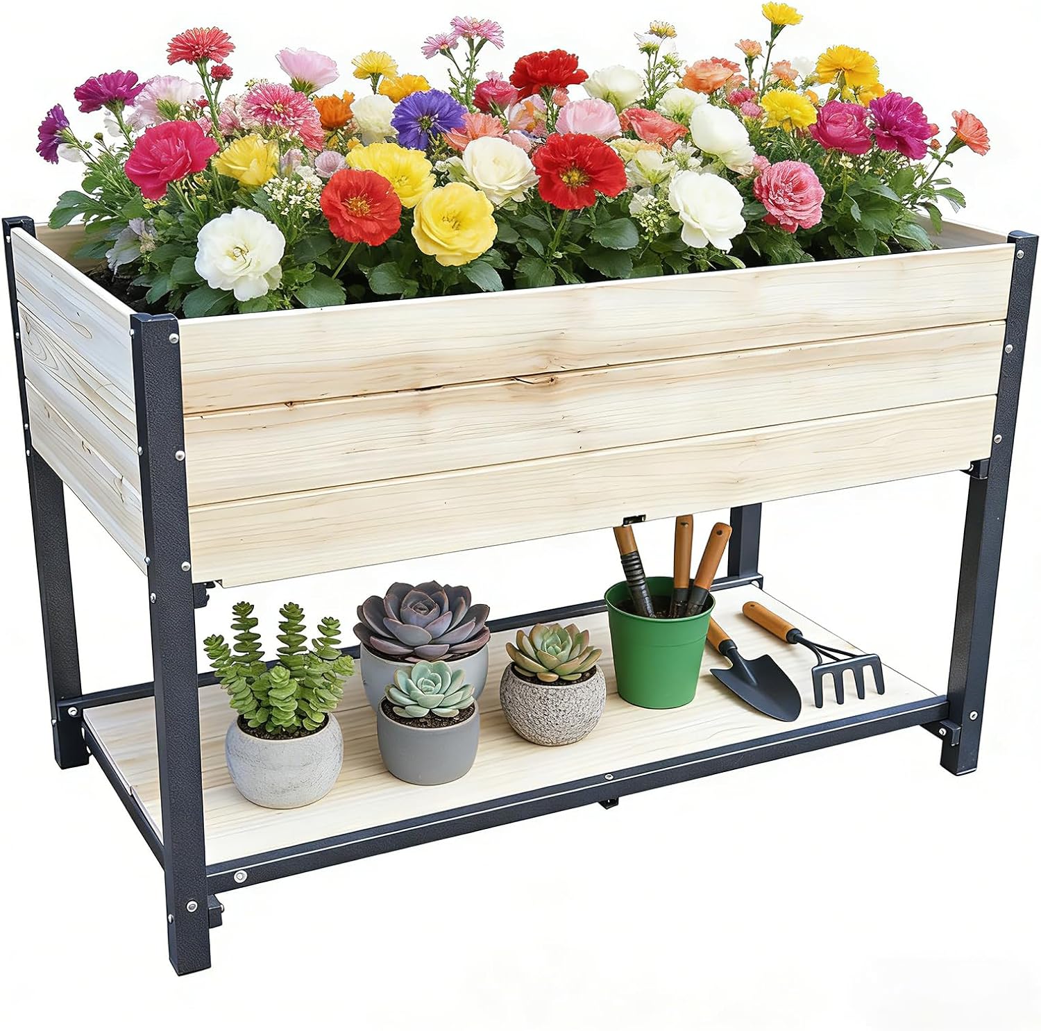 Elevated Raised Garden Bed with Storage Shelf, Solid Wood Planter Box with Metal Frame, Suitable for Backyard, Patio, Balcony, for Planting Vegetables, Flowers, Herbs, Natural Wood Finish（70876）