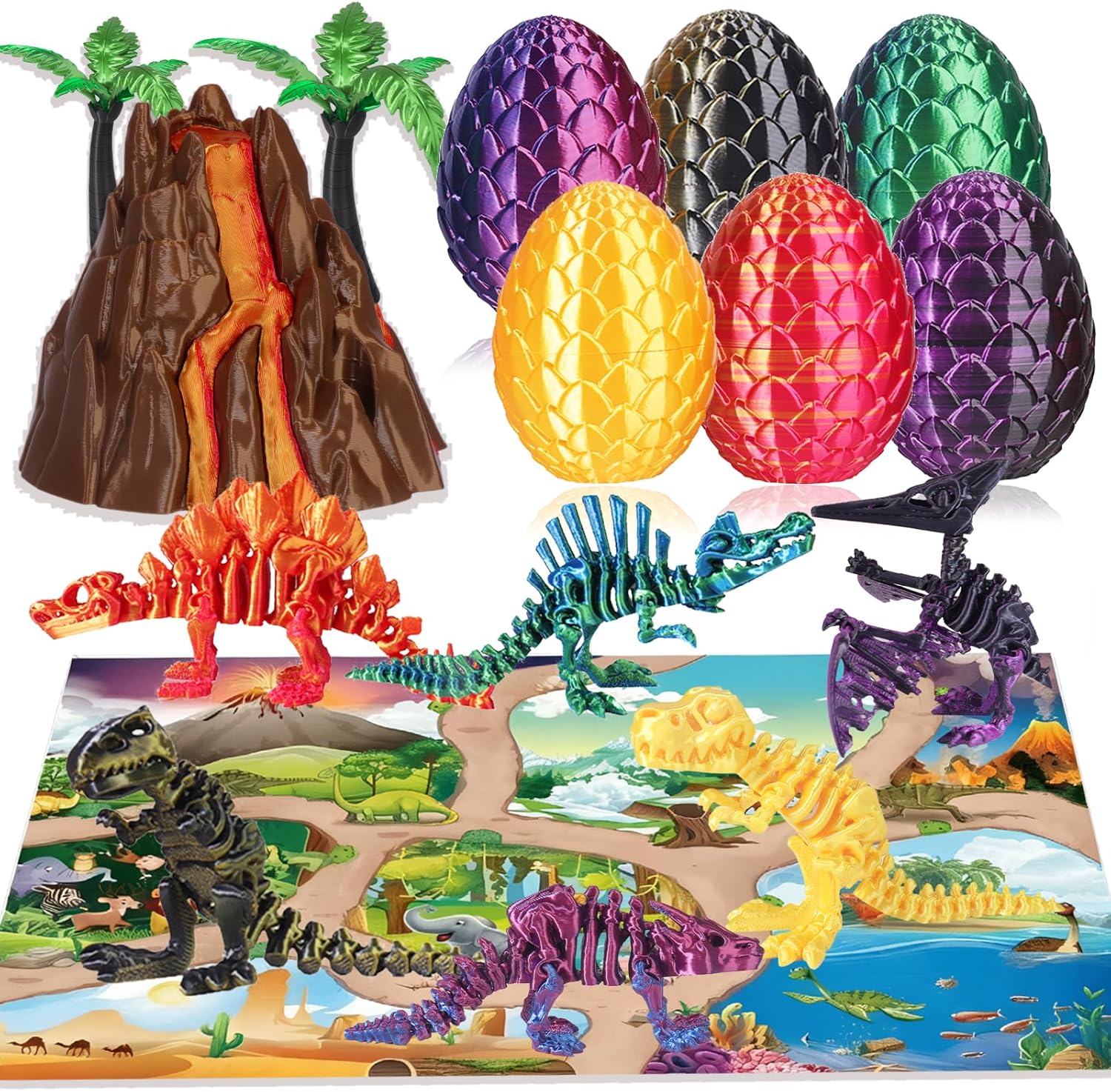 OKYUK 9PCS 3D Printed Dragon Egg Toy, 3D Easter Eggs with Rockery & Trees, Fidget Dinosaur Toys, Cool Stuff Fun Easter Decorations Gifts for Adults Teens Boy, Desk Decor&Collectible