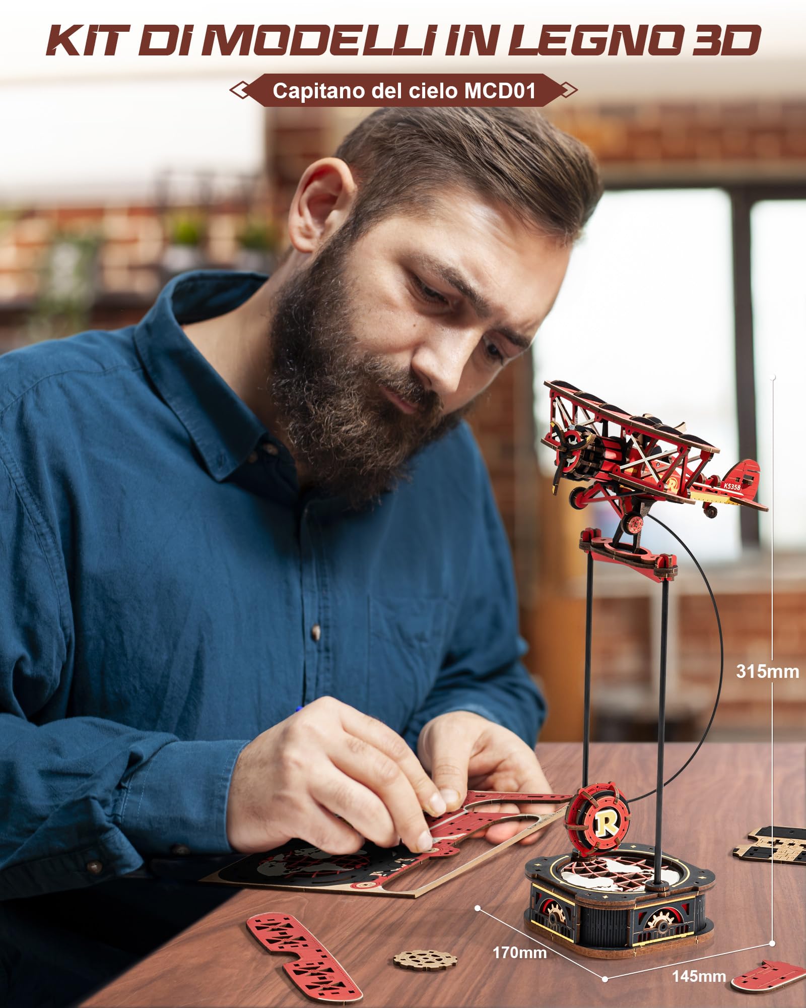 ROKR 3D Puzzle in Legno Aereo, Modellismo da costruire Adulti Capitano del cielo, Oscillazione Gravitazionale Decorazione, Regali per adulti e bambini, Sky Captain MCD01