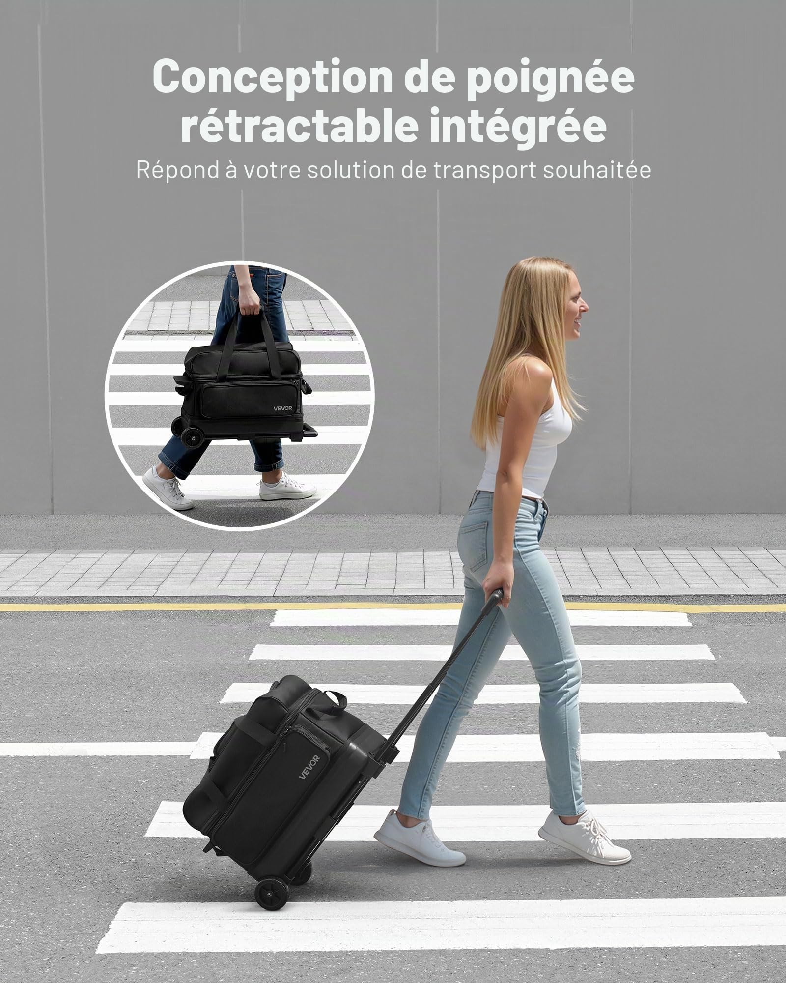 VEVOR Sac de Bowling à roulettes, Valise de Transport pour 2 Boules, avec Compartiment pour Chaussures, Poche pour Accessoires Surdimensionnée et Poignée Rétractable Extensible, Transport, Noir