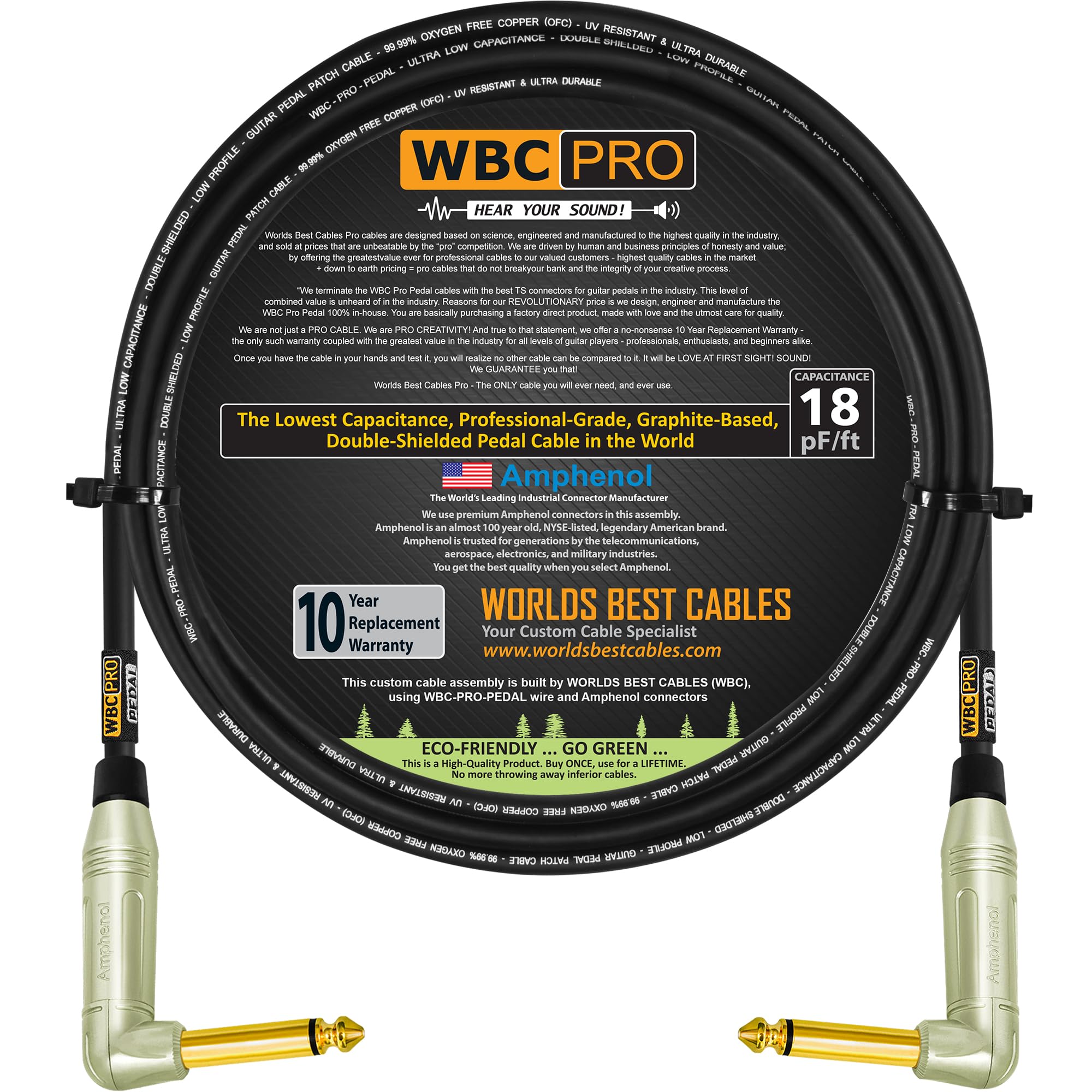 Pedal WBC-PRO-de 10 pies - 22 AWG - Tapa baja (18 pF/pies) - Grado profesional - Basado en grafito - Pedal de doble blindaje, efectos, parche, cable de instrumento y conectores TS dorados en ángulo