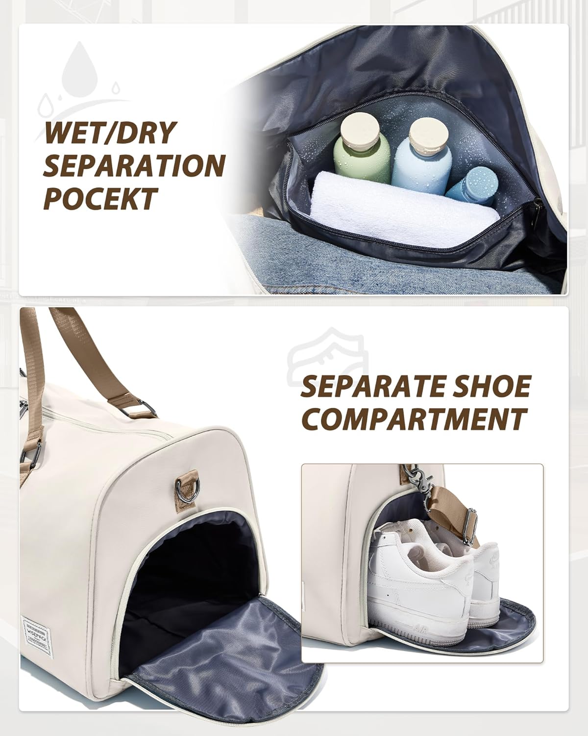 Gym Bag for Women Men with Shoe Compartment,Small Travel Duffle Bags for Traveling Overnight Weekender Bag Personal Item Travel Bag Large Sport Bag Workout Bag Beige Brown