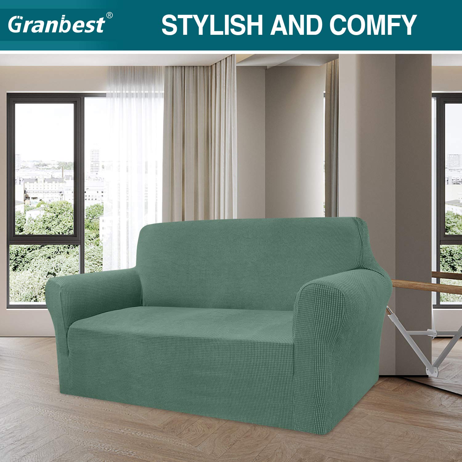 Granbest - Copridivano altamente elasticizzato, moderno, in tessuto jacquard, per soggiorno, protezione per cani e animali domestici (2 posti, verde salvia)