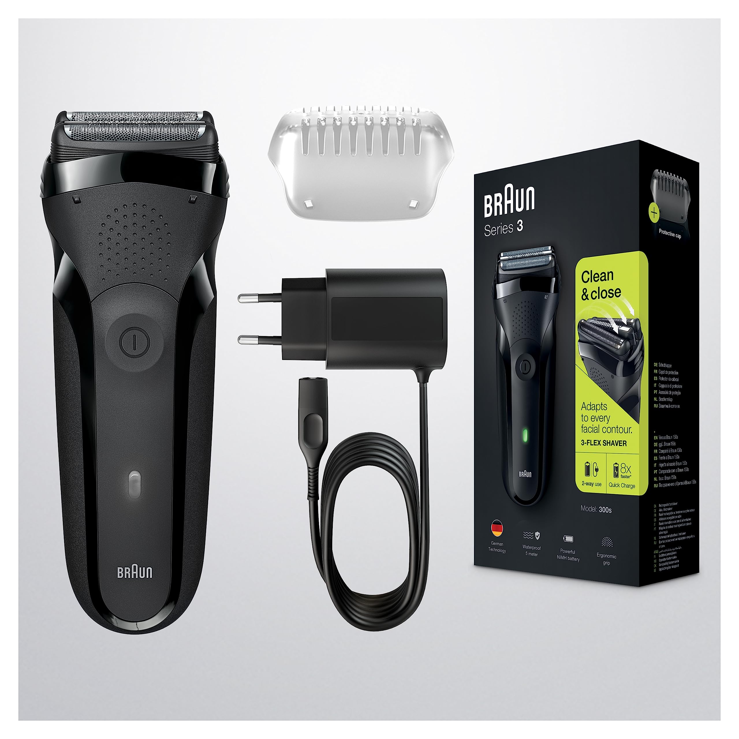 Braun Series 3 Rasoio Elettrico Barba Shave&Style 300BT 3-In-1, Regolabarba di Precisione Braun Serie 3, 5 Pettini per rifinire la barba, Ricaricabile, senza Fili, Nero