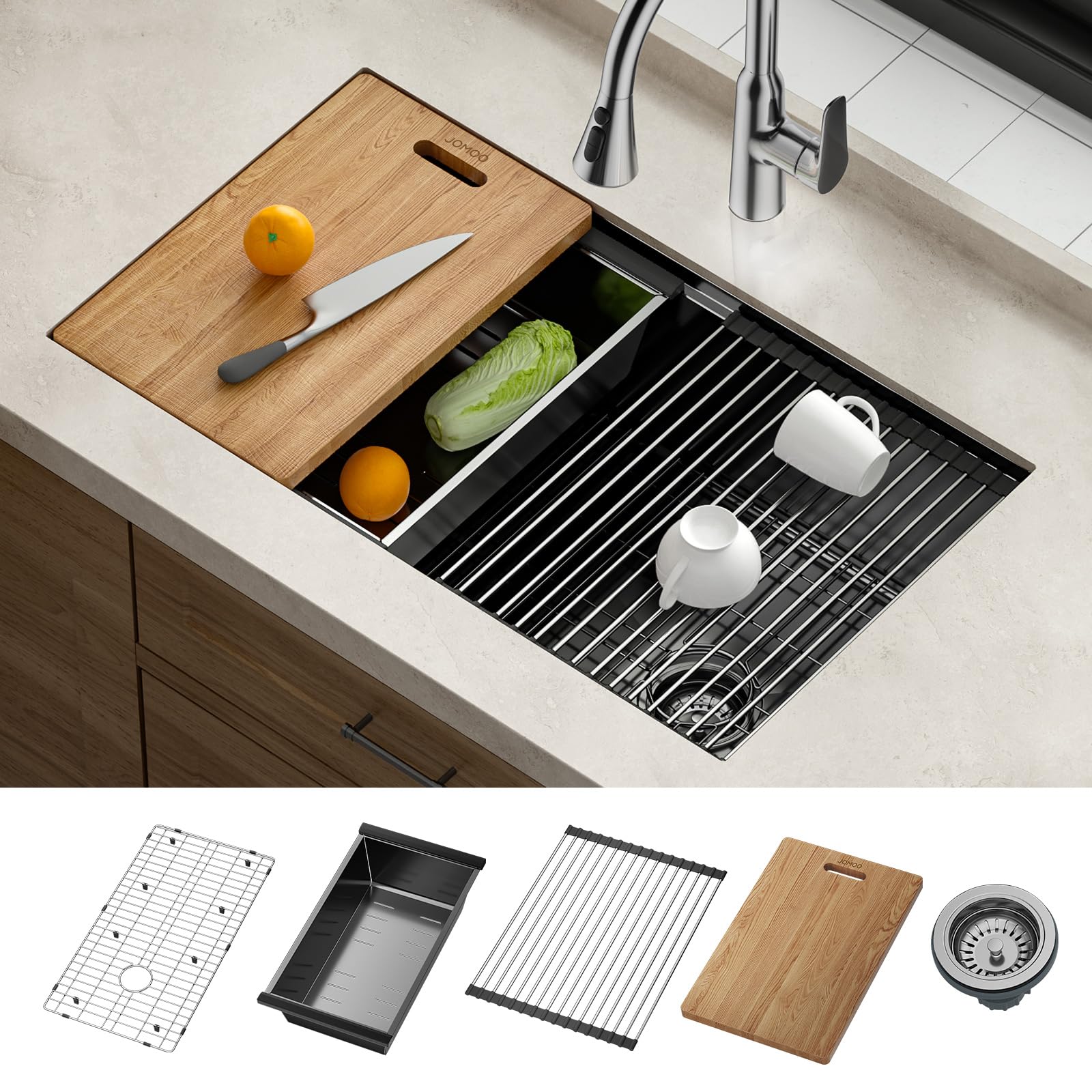 JOMOO 32‑Inch Nano‑Coated Stainless Steel Workstation Sink, 10