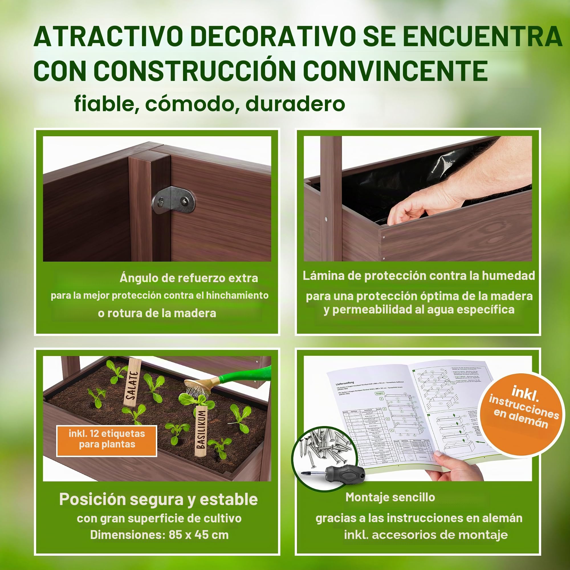 TTL GARDEN Jardinera vertical de 4 pisos de madera 140x85x45cm marrón - Jardinera vertical y maceta elevada para hierbas con 4 pisos y película - Madera de abeto resistente a la intemperie - Maceta
