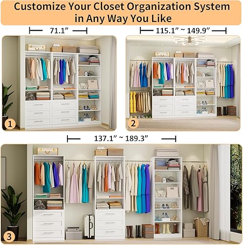 Miniatura 4 de Closet System with 3 Sets, Max 189"L Closet Organizer with 6 Drawers & 8 Shelves, Customizable Modular Closet Organizer System with 5 Hanging Rods,