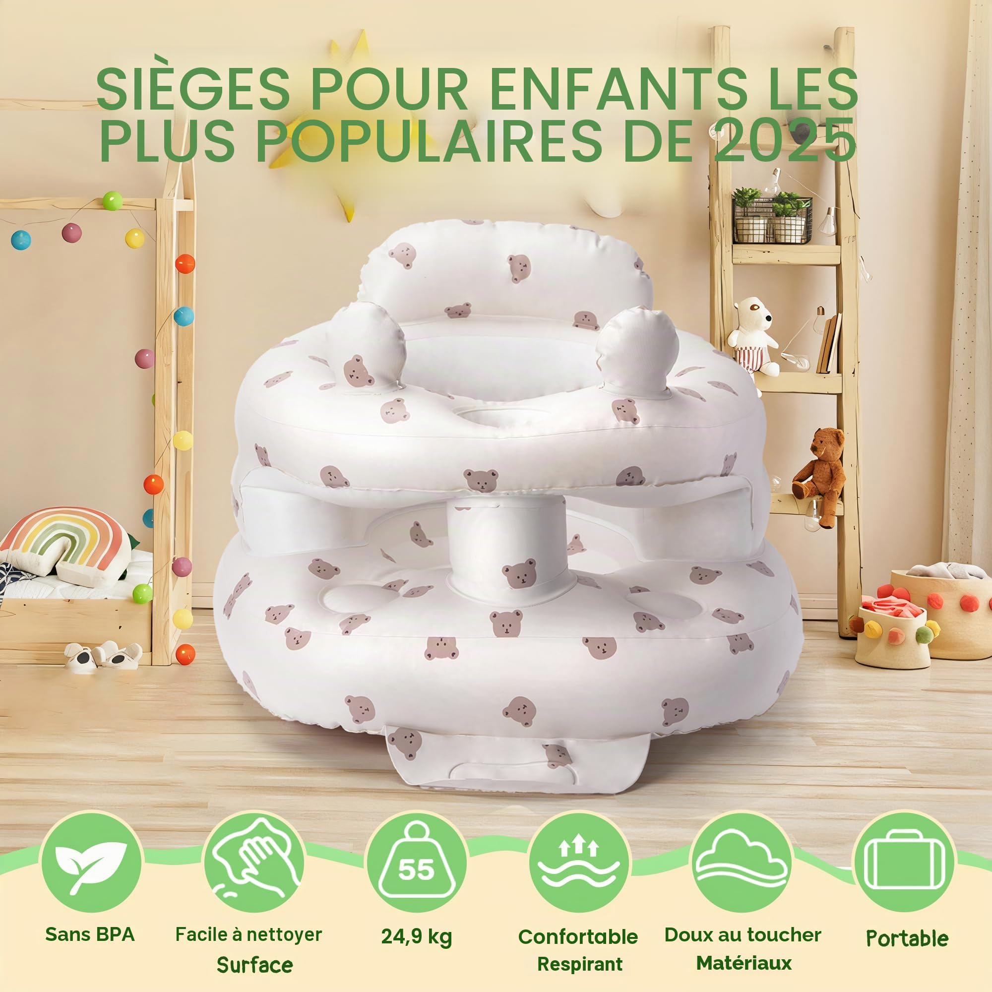 Siège bébé gonflable Zolirao avec pompe à air intégrée, portable 3-36 mois, soutien dos et nuque, sans BPA, motif ours