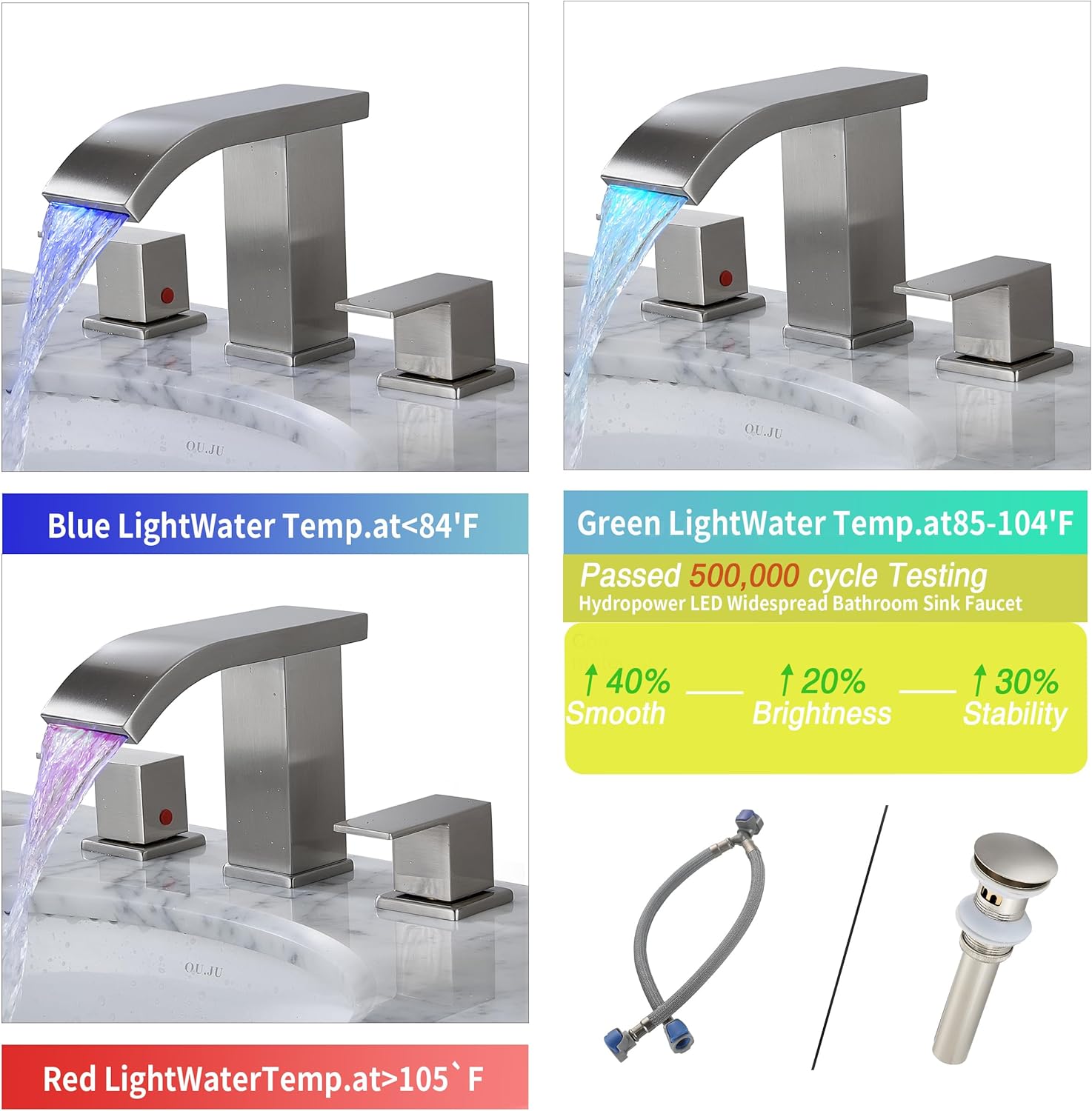 Bathroom faucets 3 Hole Widespread Brushed Nickel Bathroom Sink Faucet 8 inch LED Light Modern 3 Hole Vanity Faucet Bathroom with Pop Up Drain (Brushed Nickel)