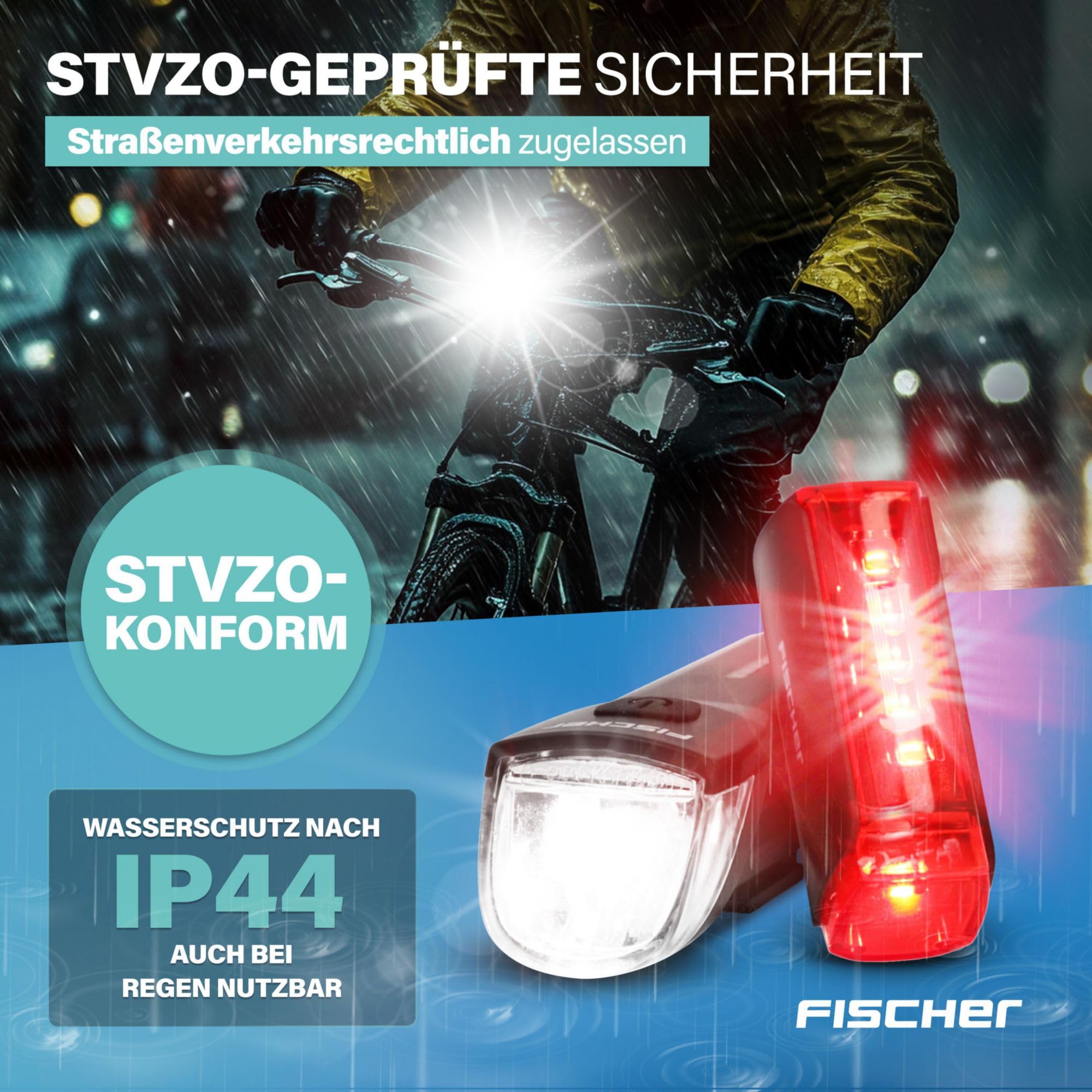 Fischer Fahrrad LED Beleuchtungs-Set Twin mit innovativer 360° Bodenleuchte für mehr Sichtbarkeit und Schutz, Frontlicht