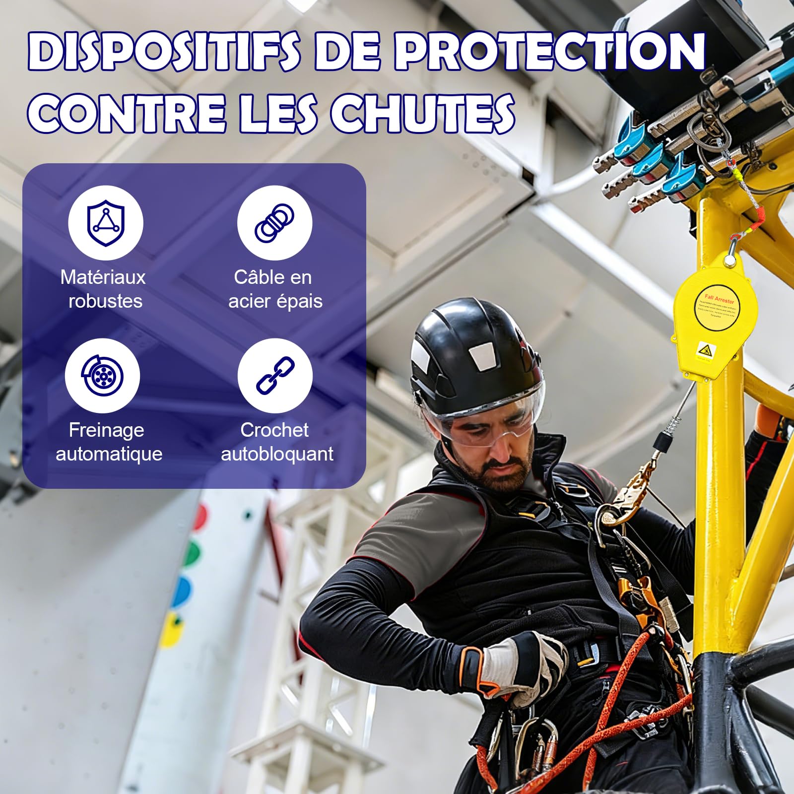Dispositif Antichute à Rappel Automatique 10m 150kg (Jaune) | Harnais de Sécurité Anti Chute avec Crochet 360° , Dispositif Stop Chute Rétractable pour Travaux en Hauteur sur Toiture