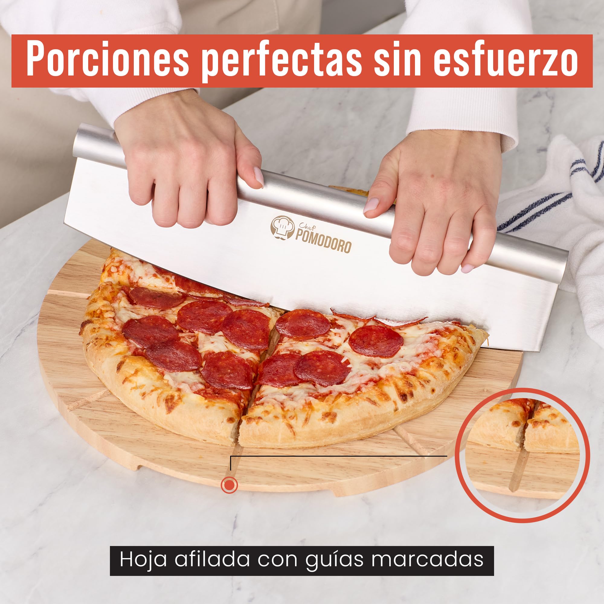 Chef Pomodoro - Juego De Cortador De Pizza De 14"" Con Cuchilla Oscilante Y Tabla Para Cortar Pizza – Cuchilla De Acero Inoxidable Y Tabla De Madera Con Guía Para Cortar Pizza