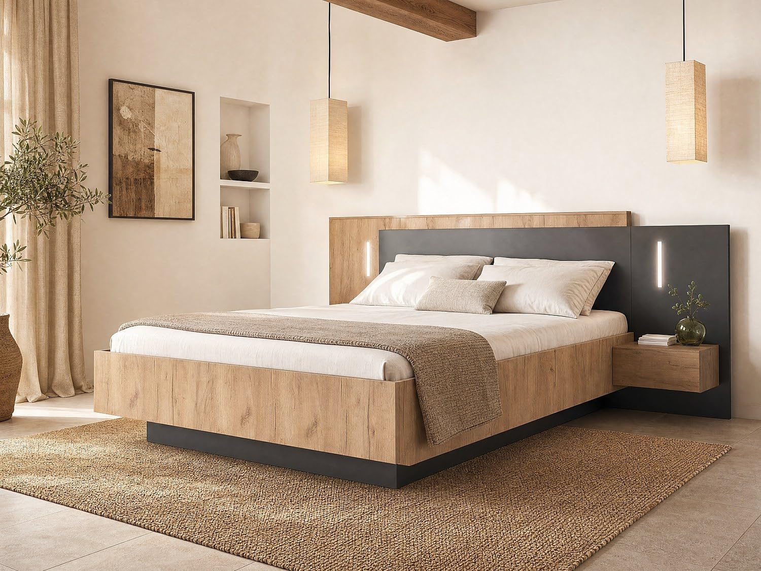 Vente-unique - Lit 140 x 190 avec sommier LED - Gris Anthracite, Naturel Clair - avec Tiroir - FRANCOLI