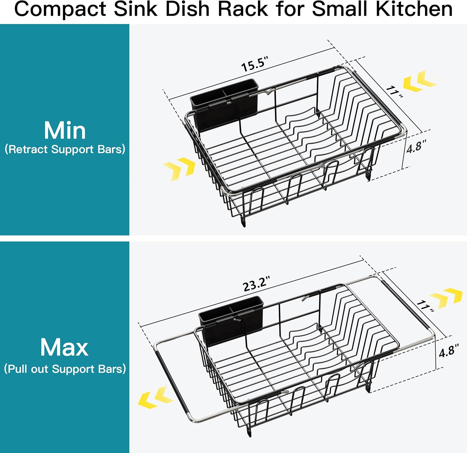 Dish Drying Rack Over the Sink In Stainless Steel Black Expandable Drainer for Small Kitchen, Counter Space Saving Compact Inside Sink Plate Dryer, Adjustable Hanging Metal Wire Strainer Drain Holder