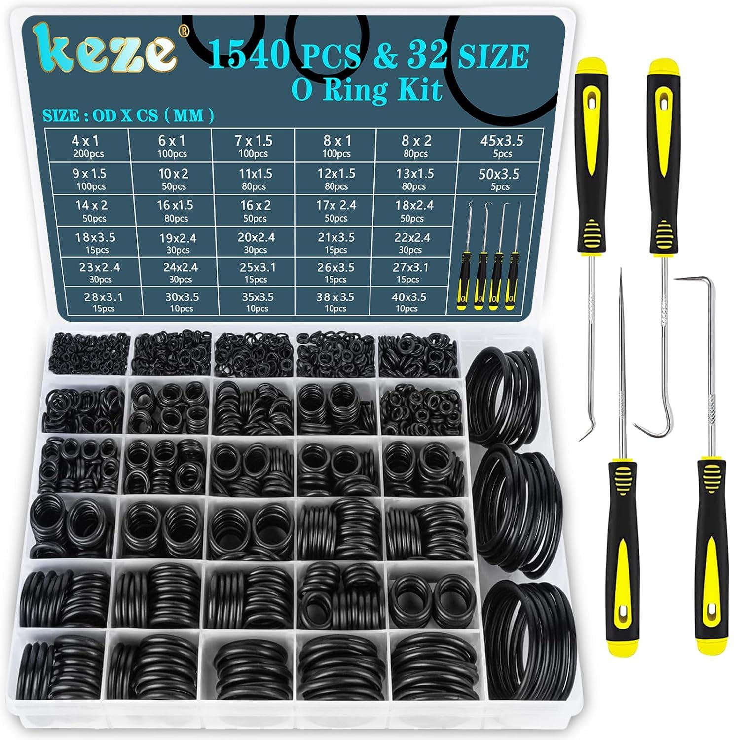 KEZE 32 Size 1540 Pcs Rubber O Rings Assortment Kit with Pick and Hook Set for Assorted Tap Plumbing Pressure Washer Automotive Repair,Air or Gas Sealing Connections O ring OD:4mm-50mm — image 1