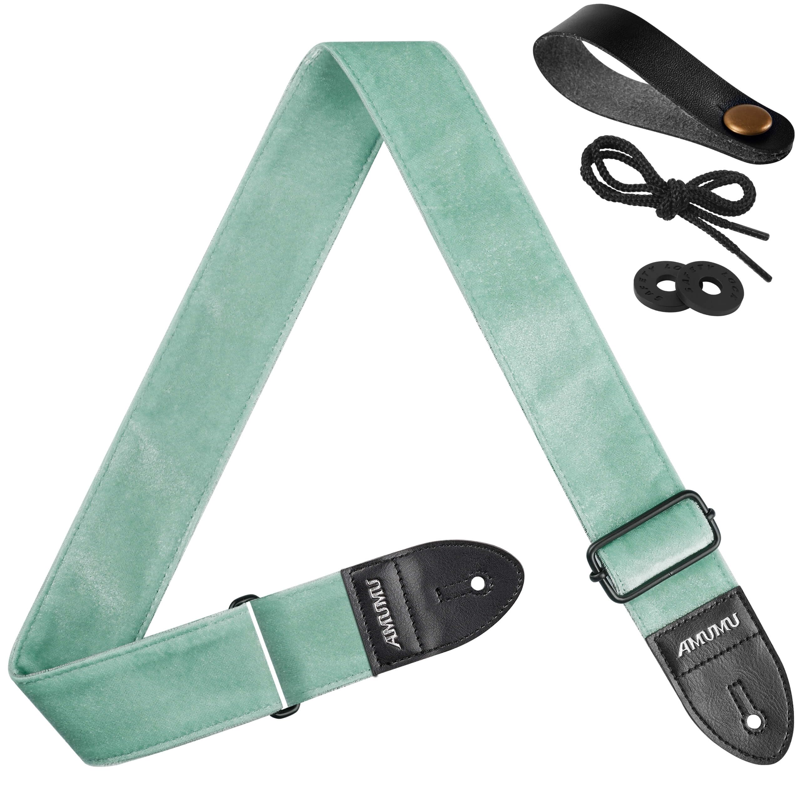 Amumu Unisex Mint Green Flocked Velvet Guitar Strap With Microfiber Leather Ends - Guitar Accessories - Fits Acoustic, Bass, Electric Guitar