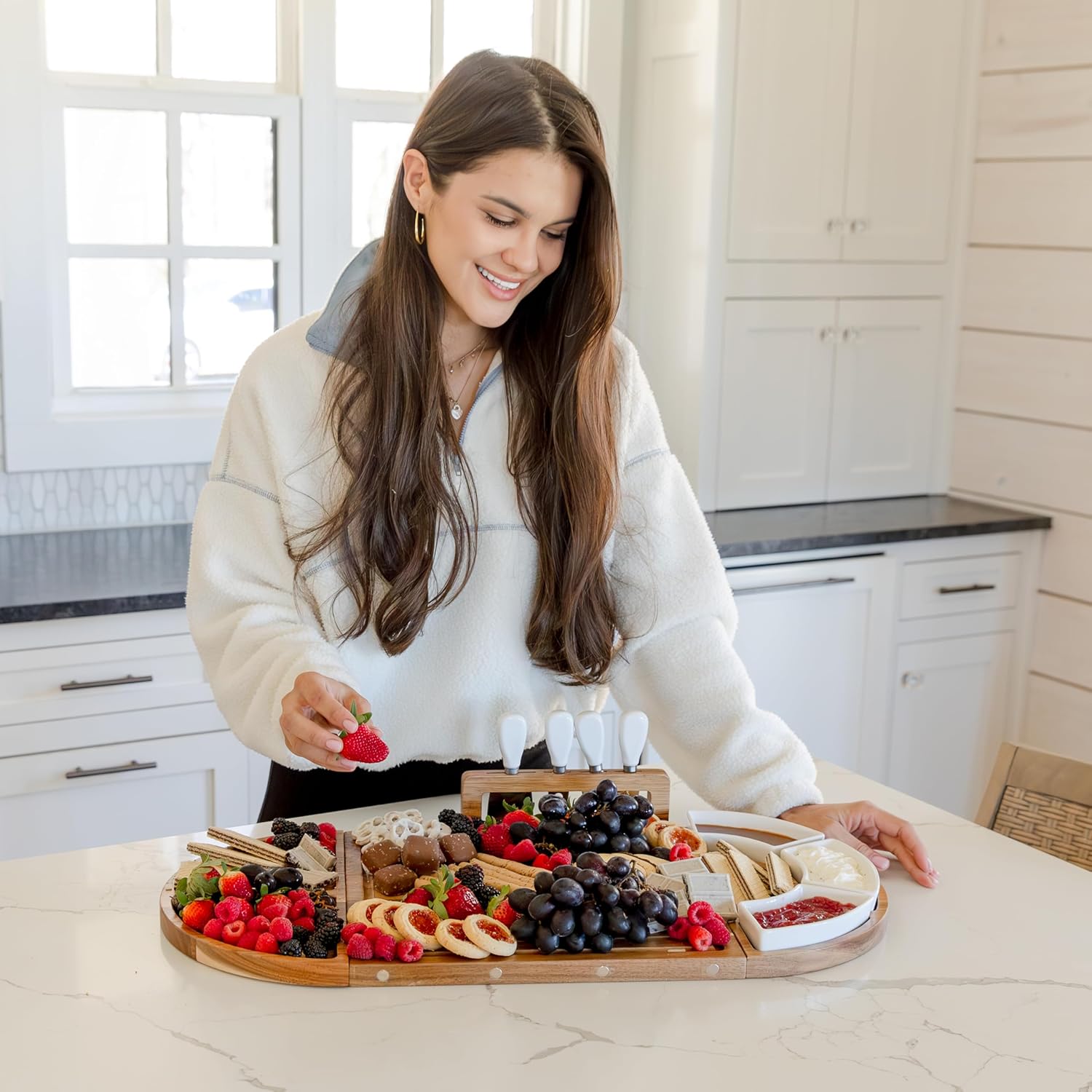 Large Wooden Charcuterie Board Set (Oil Finish) - 3-Piece Magnetic Long Serving Board Tray with Charcuterie Accessories - Acacia Wood Cheese Platter with Cheese Knife Set & Ceramic Dishes - Brown - Image 8