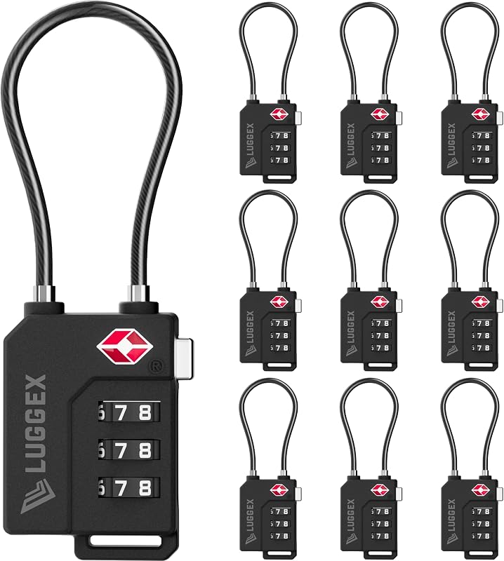 LUGGEX 10 Pack TSA Locks for Luggage, Luggage Locks TSA Approved | Suitcase Locks in Gift Box, Ultra-Light 33g Combination Cable Locks, Easy-Read Dials for Suitcase Backpack Gym, Black